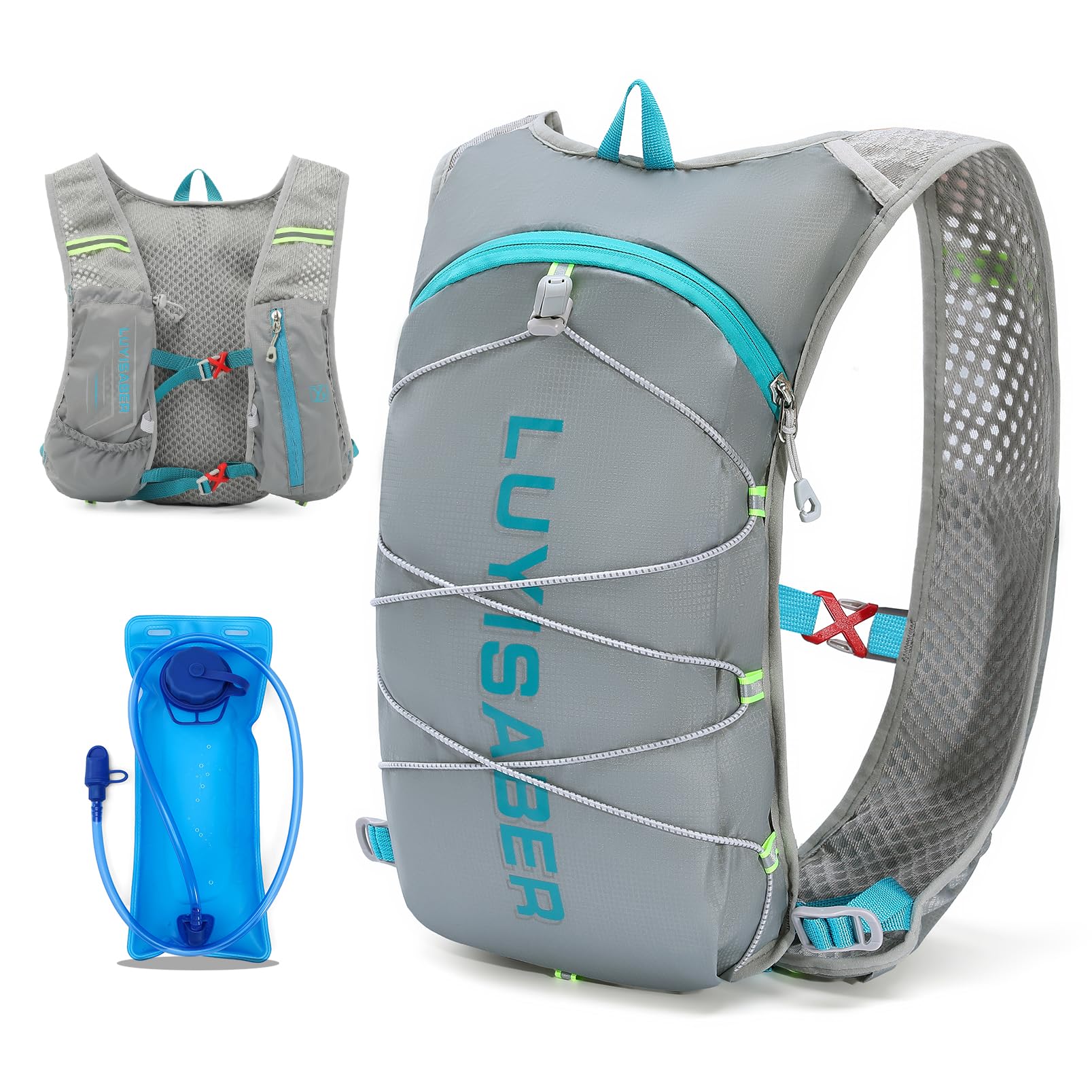 KSIBNW Running Hydration Vest Backpack, Lightweight Hydration Backpack with 1.5L Water Bladder Breathable and Sweatproof Running Rucksack Bladder Bag for Running Cycling for Women Men, Grey