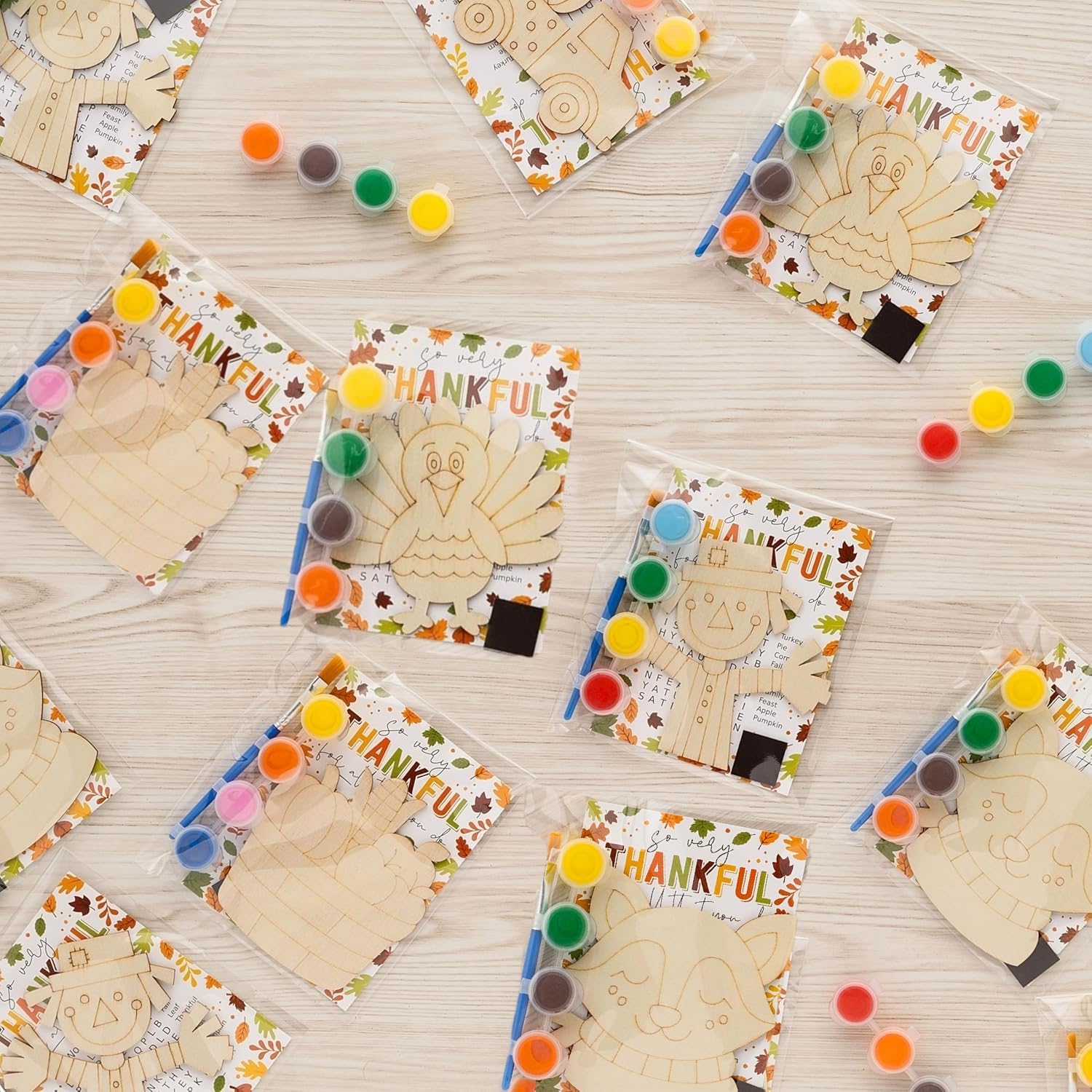GEECOZYLIFE Fall Crafts for Kids - 24 PCS Thanksgiving Fall Party Favors - Autumn Wooden Painting Kit with Word Search Cards - Harvest Classrooms Goodie Bags Gifts Prizes Girls Boys