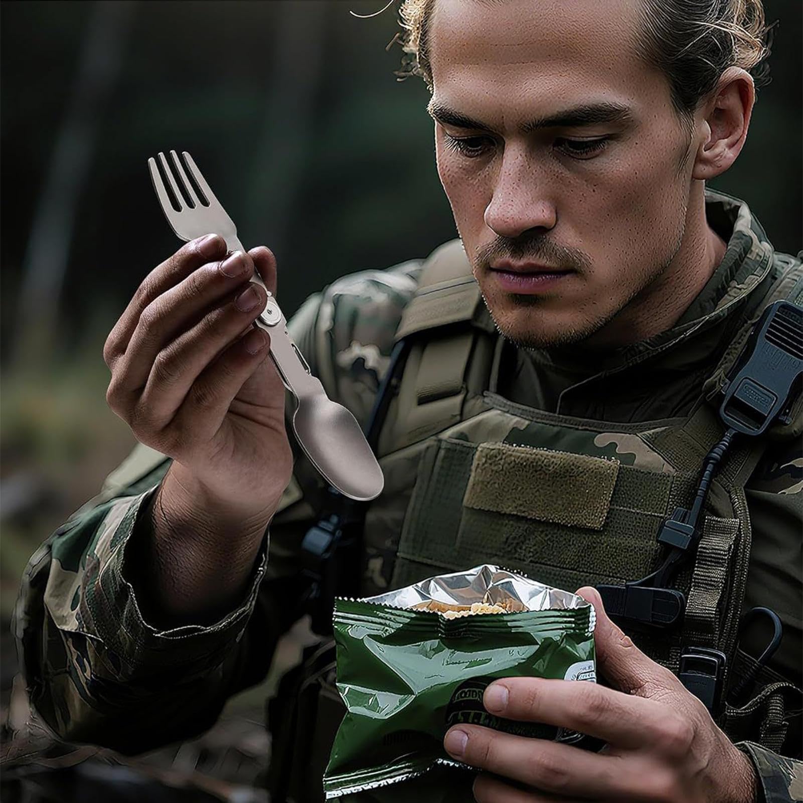 Drehbarer Göffel aus Titan – Outdoor Survival 2-in-1 faltbarer Löffel und Gabel, leichtes Campinggeschirr für Grillen, Wandern, Survival, Picknick, Reisen, Outdoor-Aktivitäten