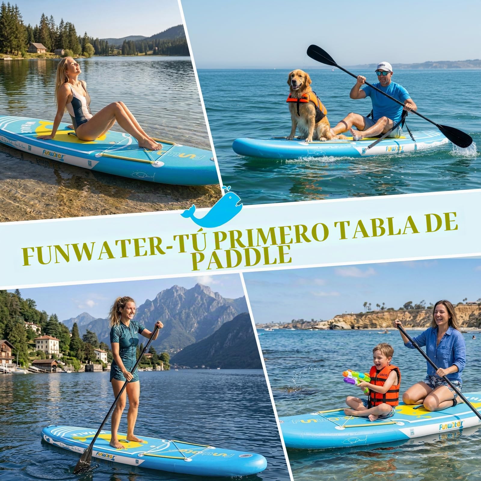 FunWater Tabla de Surf Hinchable de pie para Surf, Tabla de Surf Sup, Accesorio de Remo Ajustable, Bomba, Mochila de Viaje, Correa de Seguridad, Funda Impermeable para teléfono móvil