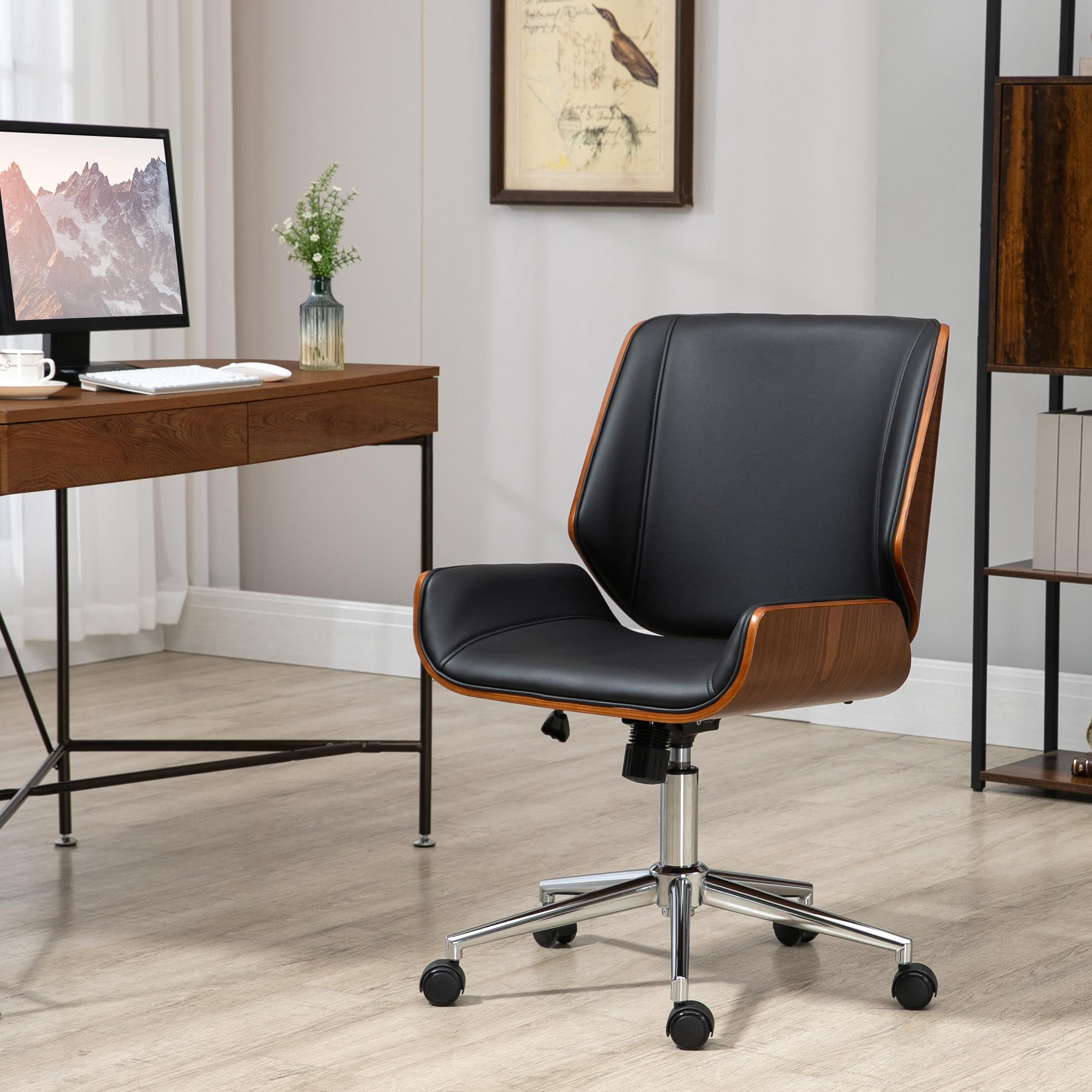 Vinsetto Bürostuhl Ergonomischer Drehstuhl mit Wippfunktion Schwarz | Höhenverstellbar, Kunstleder, Gepolstert, Computerstuhl, Schreibtischstuhl