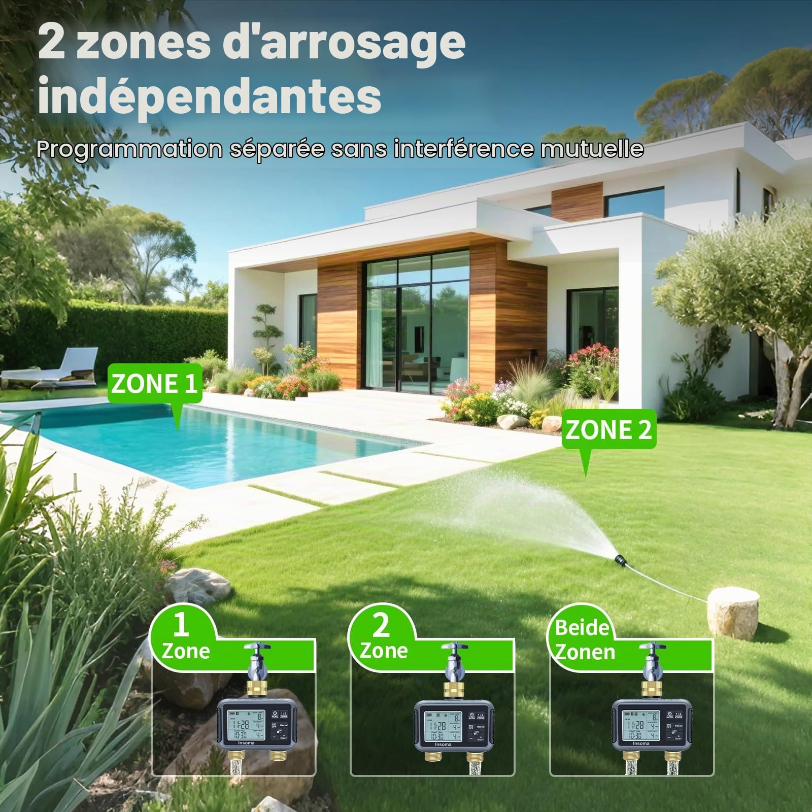 Insoma - Minuterie d'eau avec entrée et Sortie en Laiton, 2 Zones indépendantes, minuterie extérieure pour Robinet de Jardin avec Mode de Retard Automatique/Manuel/pluvieux, réglage d'irrigation de
