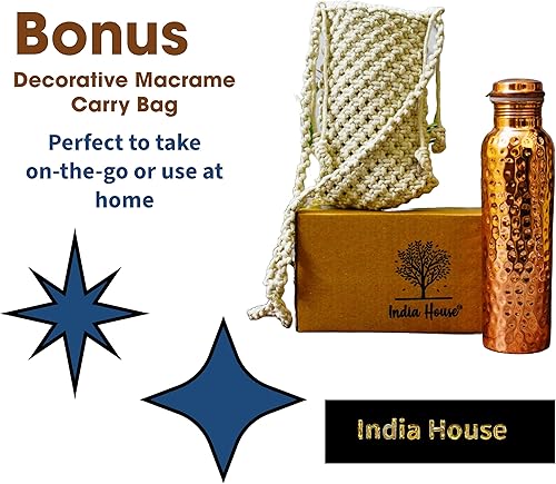 Miniatura 6 de Botella de agua de cobre puro para beber, botella de agua de cobre martillado de 32 onzas con bolsa de transporte, recipiente ayurvédico grande