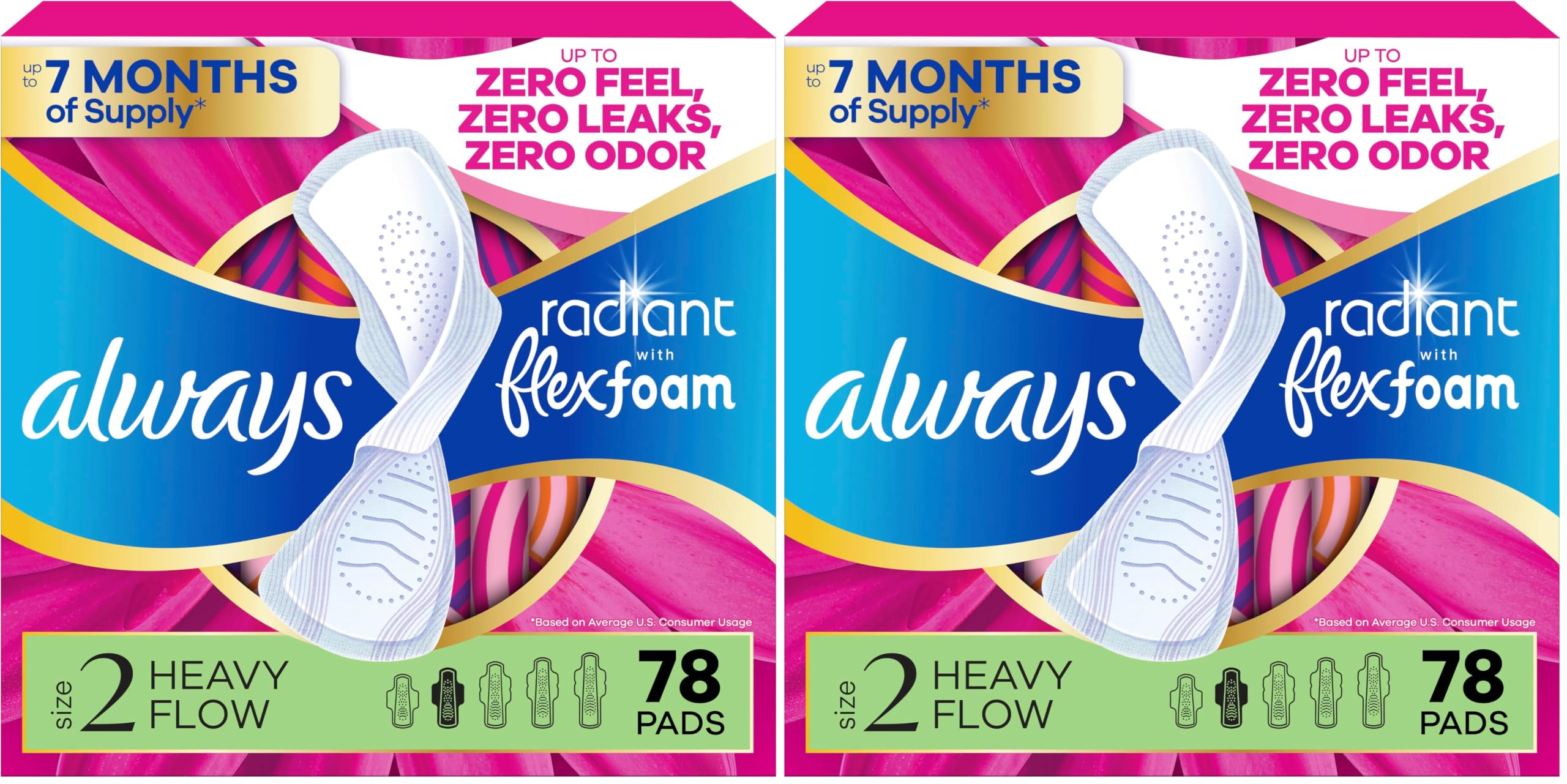 Always Radiant Feminine Pads for Women, Flexfoam Pads with Wings, Size 2, Heavy Absorbency, Lightly Scented 78 Count (Pack of 2)
