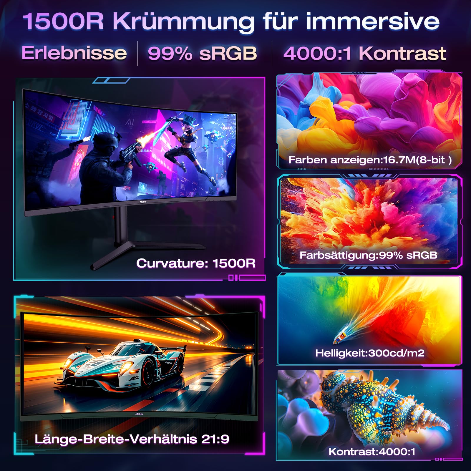 Gaming Monitor, 65W USB-C: 34 Zoll Curved 180Hz 4K | 4K (3440 x 1440 UWQHD) Ultrawide 21:9 Monitor Gaming 1500R VA. 180Hz, 1ms, 99% sRGB. HDMI 2.1, DP 1.4, RGB, höhenverstellbar