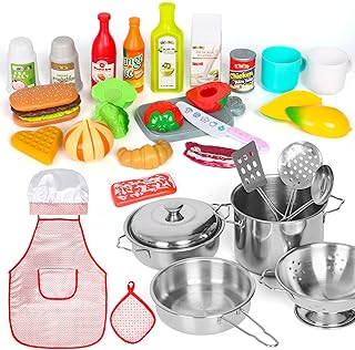 Shimirth 37PCS Pretend Play Kitchen Accessories, Kids Kitchen Playset Stainless Steel Play Pots and Pans Sets for Kids, Apron & Chef Hat, Cooking Utensils, Play Food, Kitchen Toys, Gift for Boys Girls