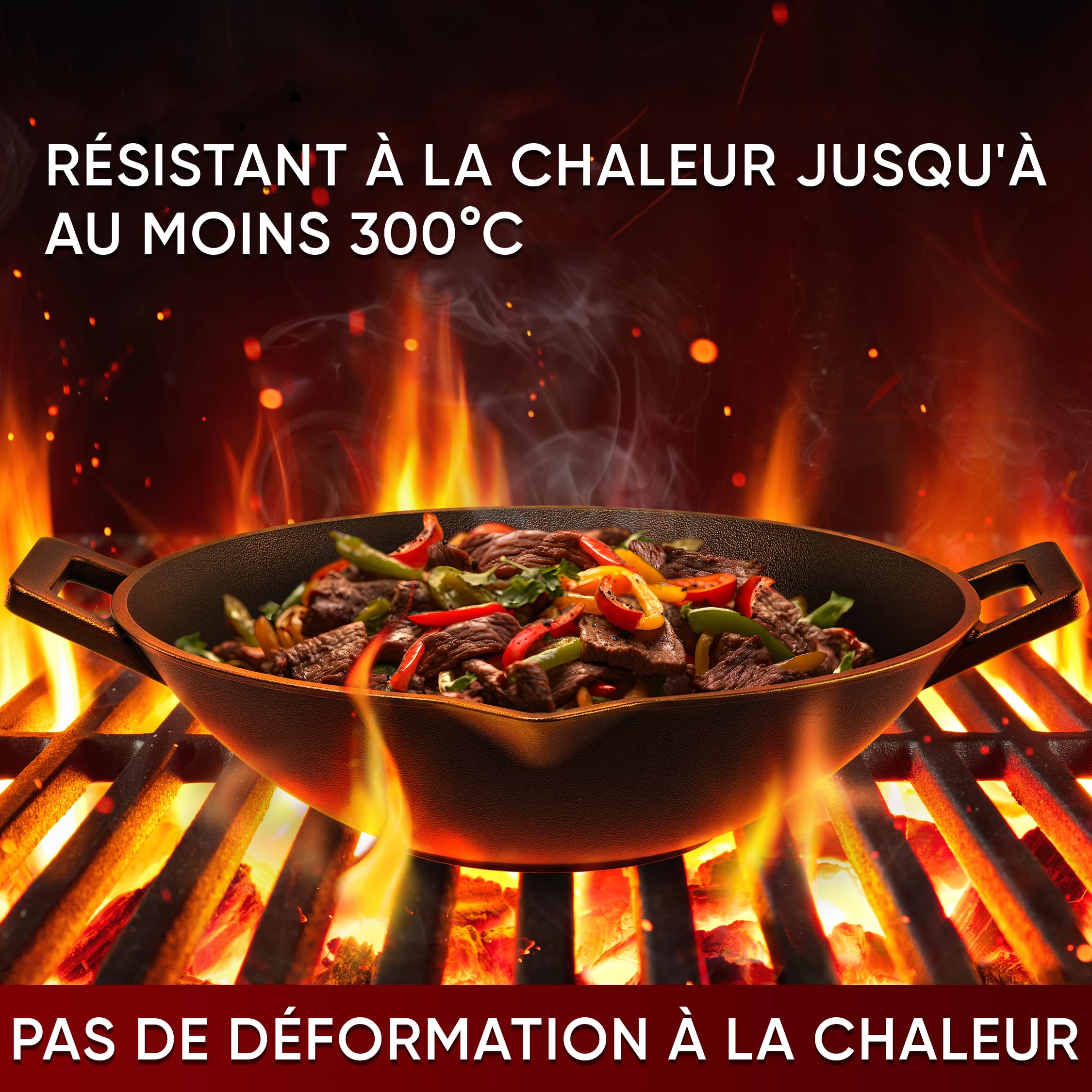 Wok Fonte 36cm Gusskönig - Induction Gaz Charbon - Set Avec Gants Et Livre Recettes
