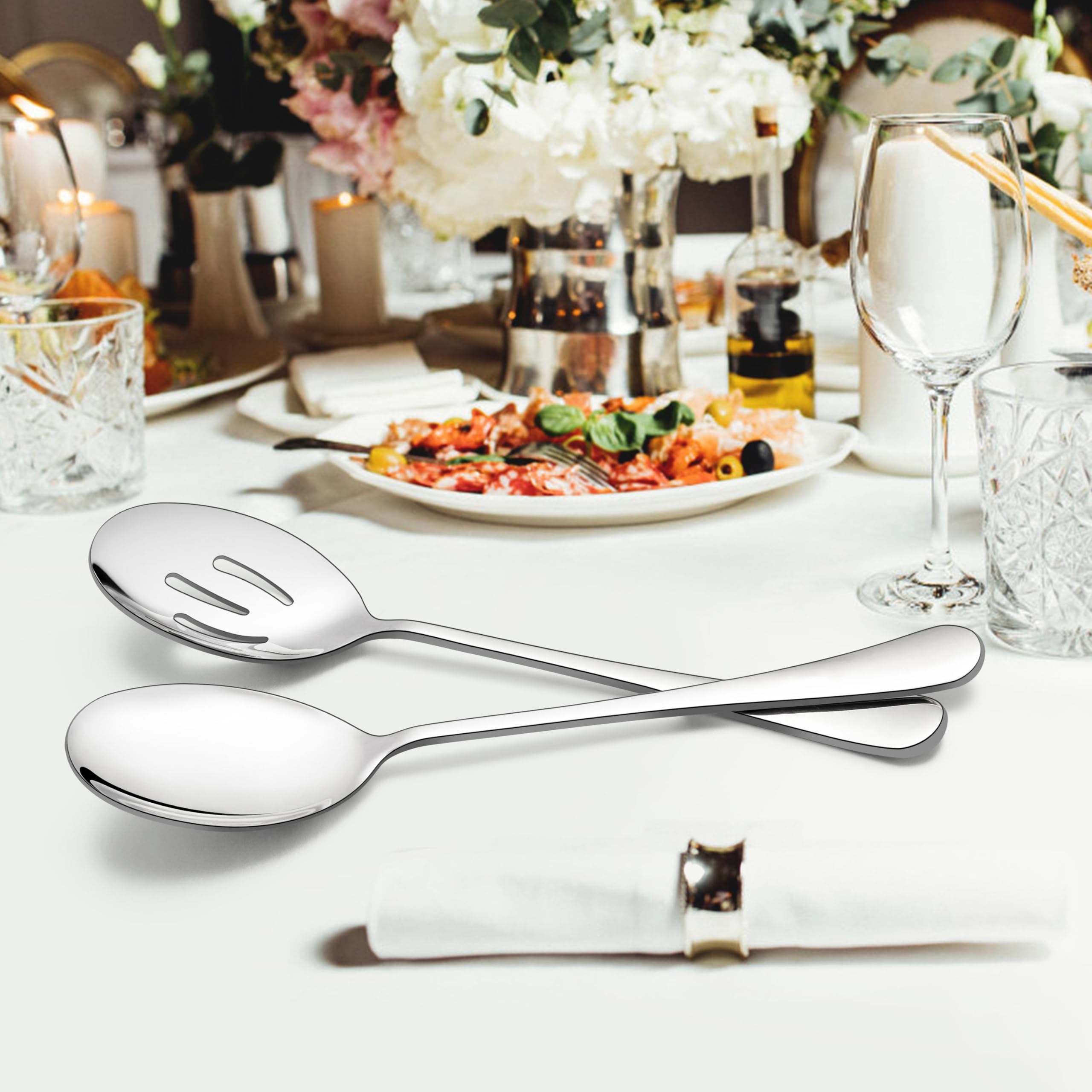 LIANYU Juego de 6 cucharas para servir, cucharas ranuradas grandes de acero inoxidable, utensilios de servir para bufé, restaurante, catering para banquete de fiesta, 9.8 pulgadas