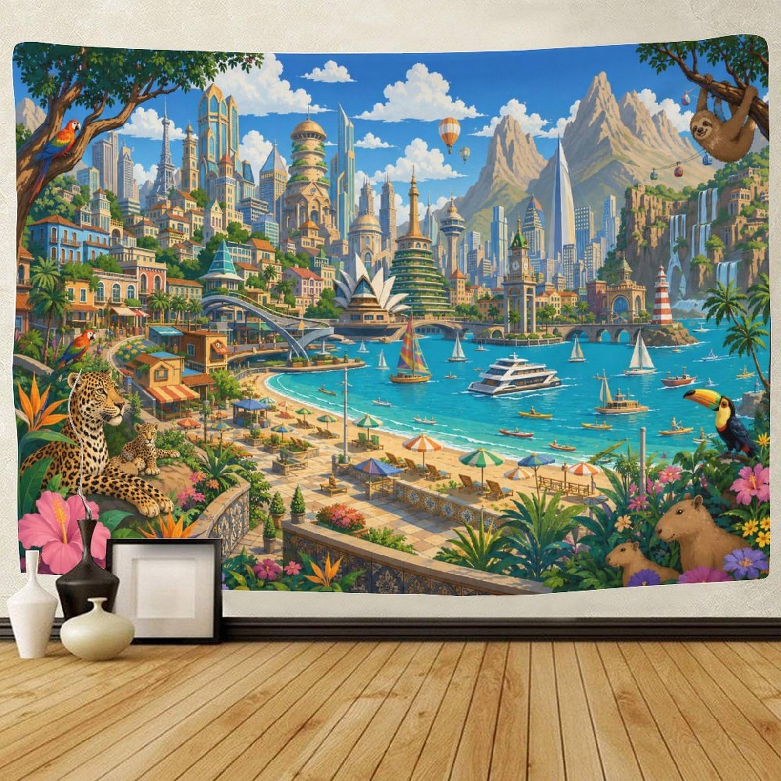 ASDFGHJKLZA Futuristic Fantasy City Harbor Wall Hanging Decor 3D Print Tapestry for Bedroom Tapestries Poster Curtain Bedroom College Dorm 180cmx230cm