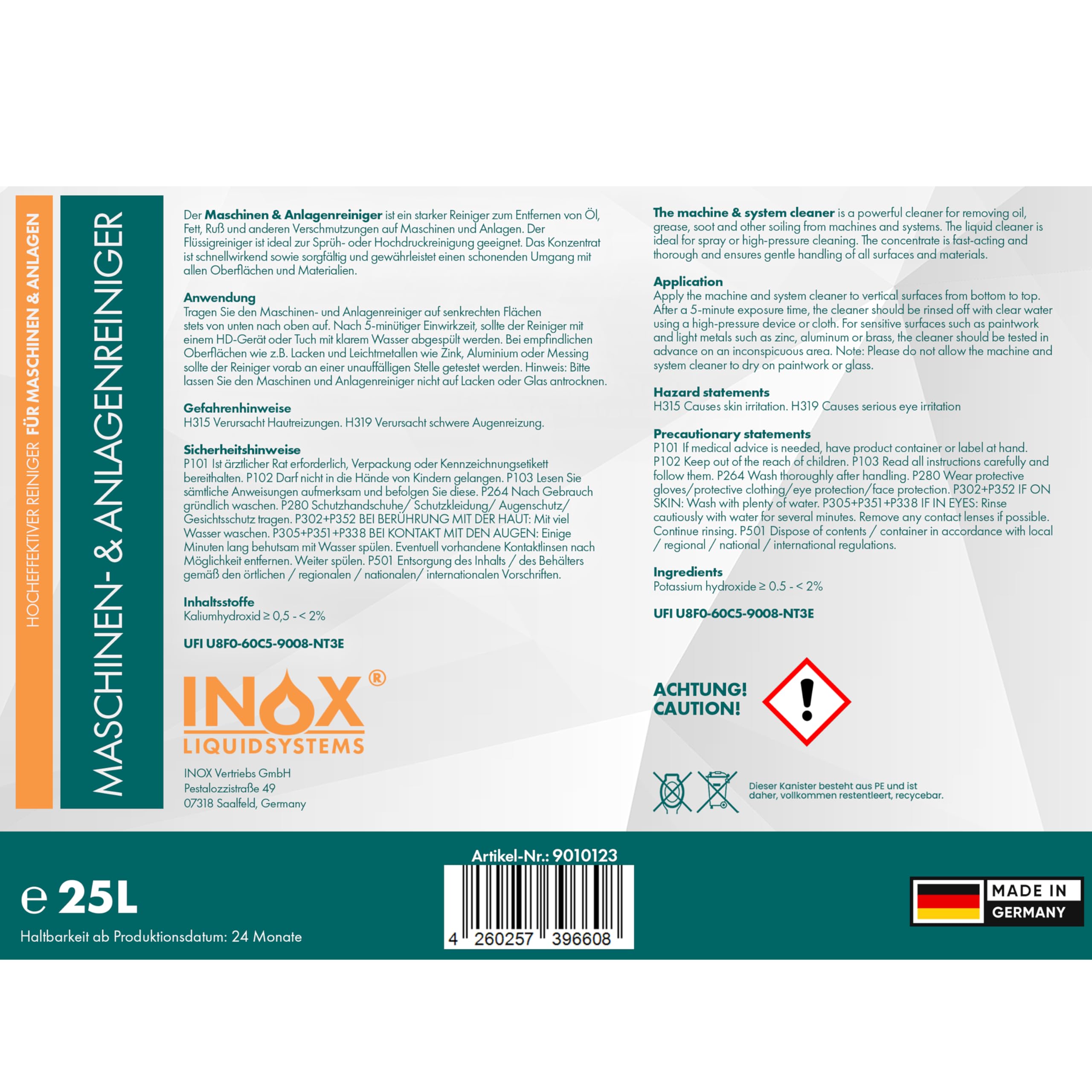 INOX® MS Maschinen- und Anlagenreiniger Konzentrat 25L - effektives Reinigungsmittel zum Entfernen von Öl, Fett und Ruß