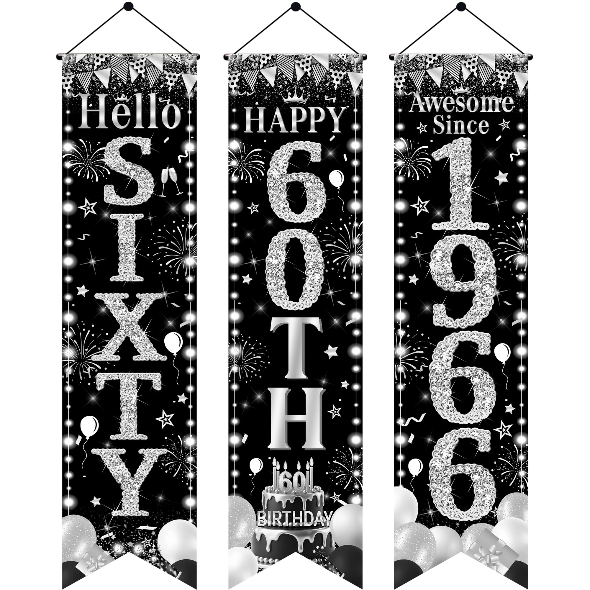 60th Birthday Door Banner Decorations - Black Silver Hello Sixty Porch Signs 3.9x0.9ft, 3Pcs Cheers to 60 Years Awesome Since 1966 Hanging Banners for 60th Birthday Party Decor
