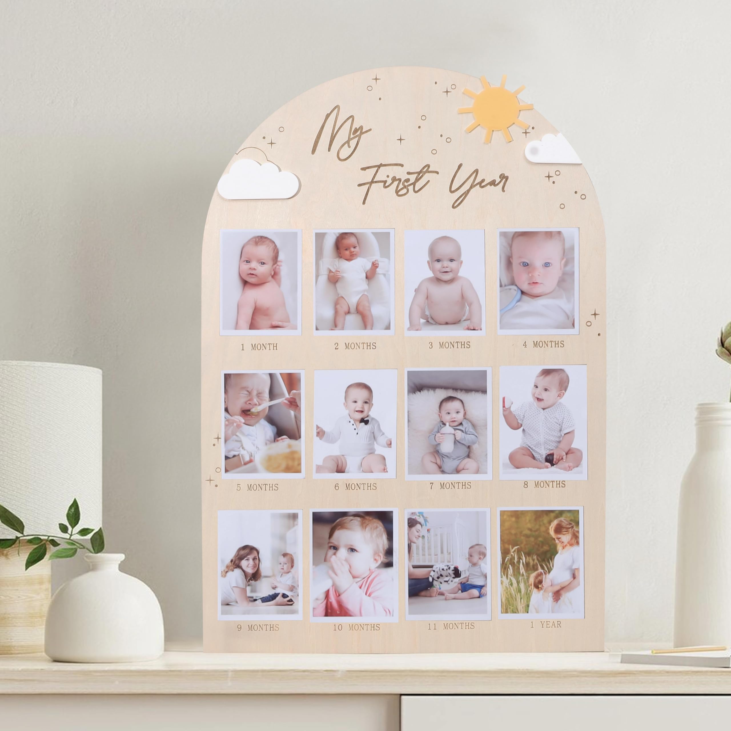 YOU ARE MY SUNSHINE ONE YEAR OLD PHOTO BOARD, My First Year Photo Display Wood Board, Sun Theme Monthly Milestone Photo Board, You Are My Sunshine dekoracja na 1. urodziny, ramka na zdjęcia 12