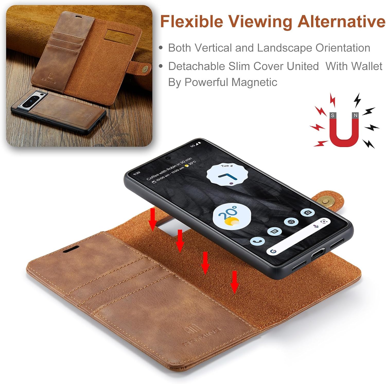 Detachable 2 in 1 Split Magnetic Flip Folio Wallet Case Compatible with Google Pixel 8 Pro Genuine Leather Phone Case with 3 Card Holder Slots Kickstand Shockproof Cover(Brown)