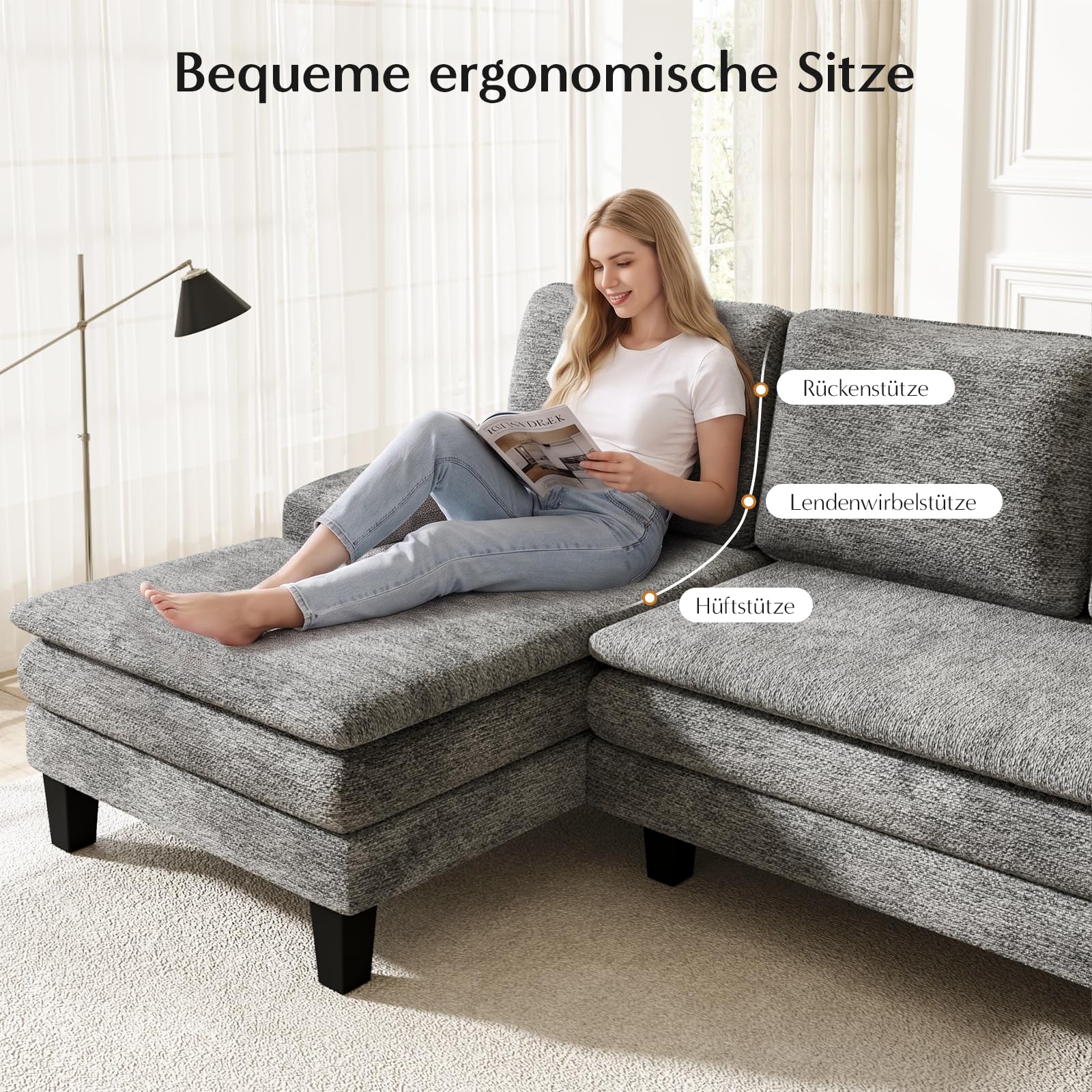 Txtin's U-Form Sofa 4-Sitzer, Ecksofa mit Schlaffunktion, Couch mit Chenille-Stoff, Big Sofa für Wohnzimmer, 279 x 114 x 80 cm, Grau