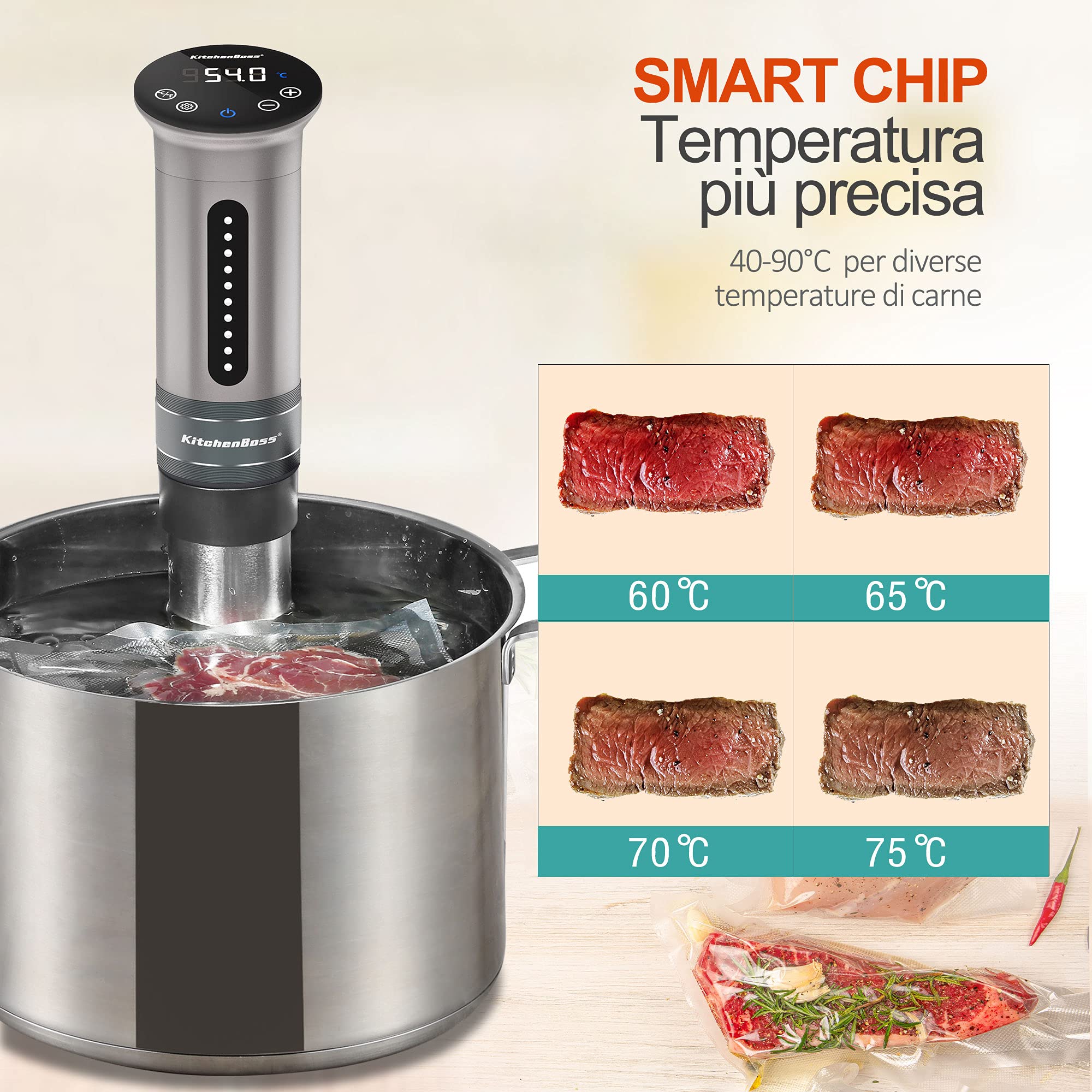 KitchenBoss Sous Vide Roner Cuisine à basse température Slow Cooker Circulateur thermique professionnel IPX7 étanche, minuterie avec écran tactile, argent