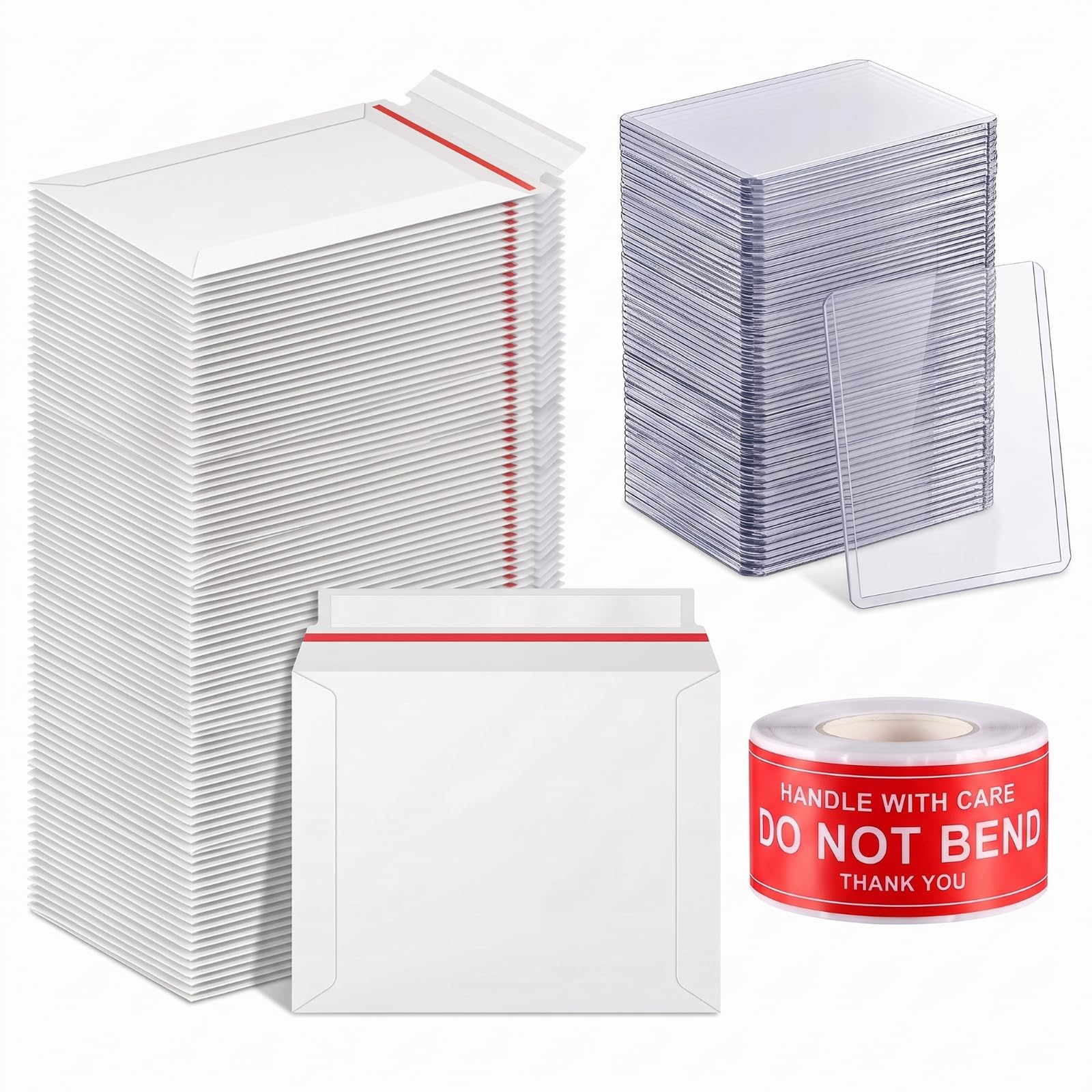 Engrowtic Set di 301 protezioni per la spedizione di carte collezionabili, 150 titolari per carte da 35 pt, 7 x 10 cm e 150 buste autosigillate da 10 x 17 cm, con 1 rotolo di adesivi non piegati, per