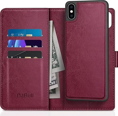 DJBull Funda tipo cartera desmontable 2 en 1 para iPhone Xs Max de 6.5 pulgadas con soporte para tarjeta de crédito bloqueo RFID, funda protectora