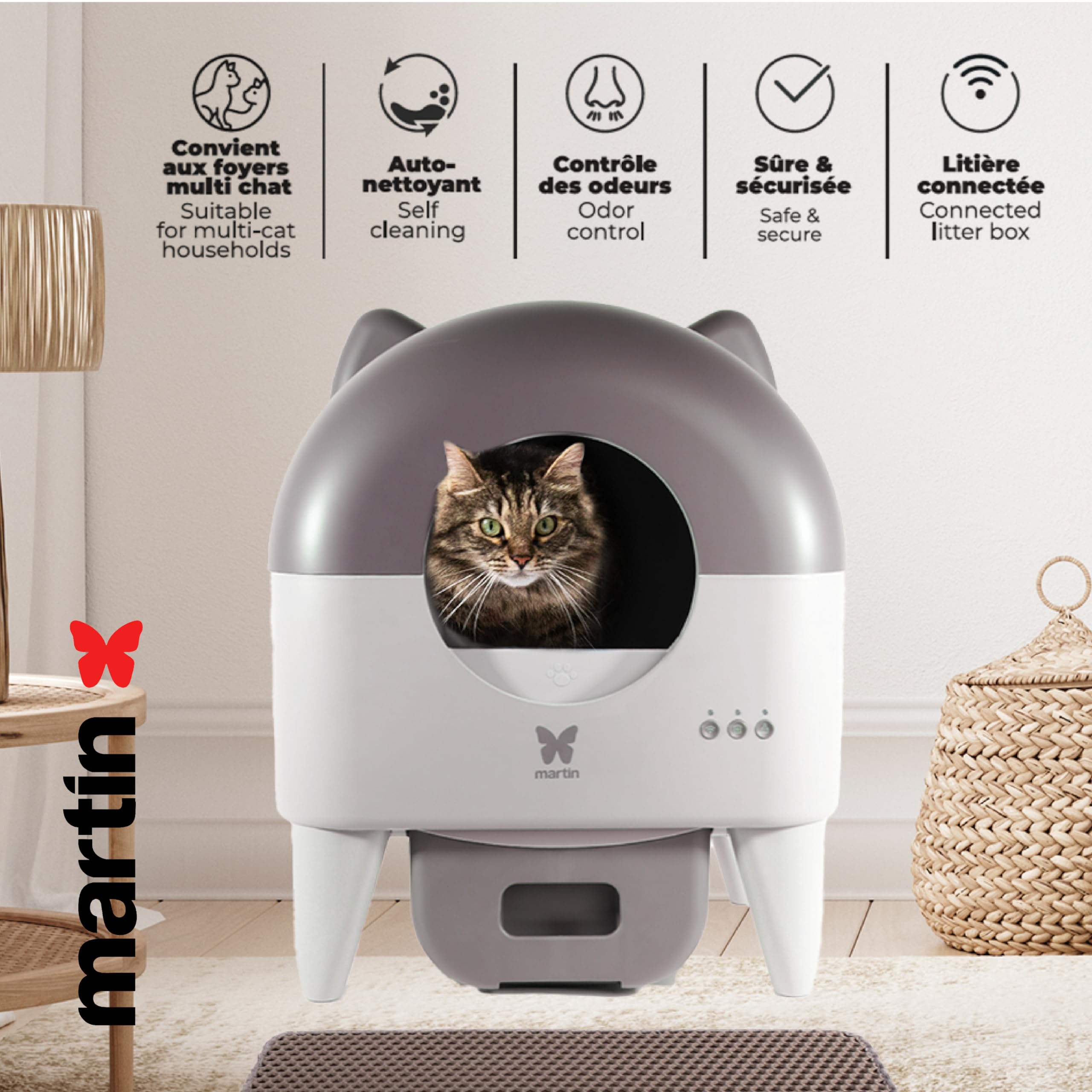 Martin Sellier Automatisches Katzenstreu, 76 l, intelligente Reinigung, Steuerung über App, Sicherheitssensoren, sehr leise (40 dB), mehrere Katzen, modernes LED-Design