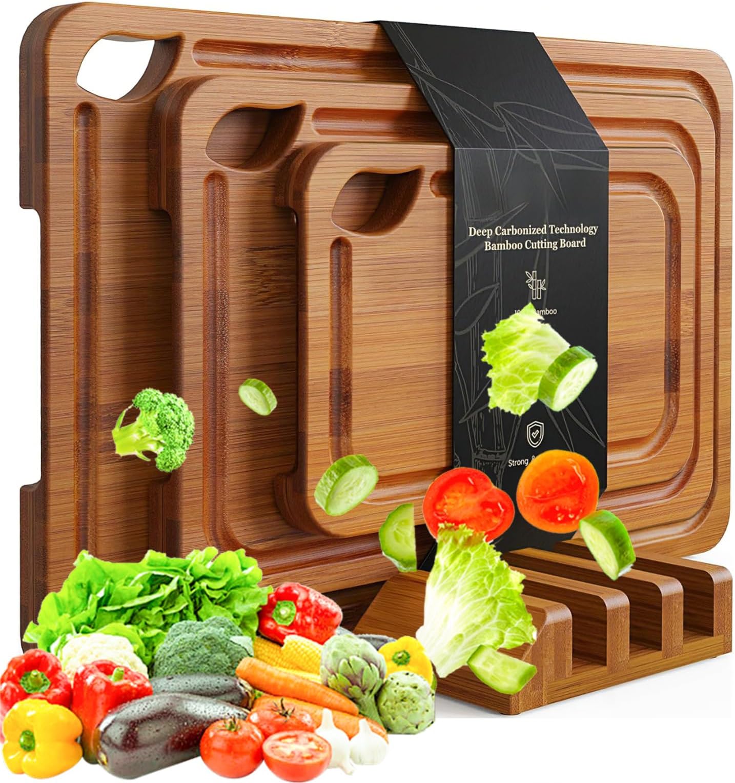 Deep-Carbonized Bamboo Cutting Boards for Kitchen with Wood Storage Stand, Reversible Charcuterie & Chopping Boards with Juice Grooves and Easy-Grip Handles, Knife-Friendly, Kitchen Gift
