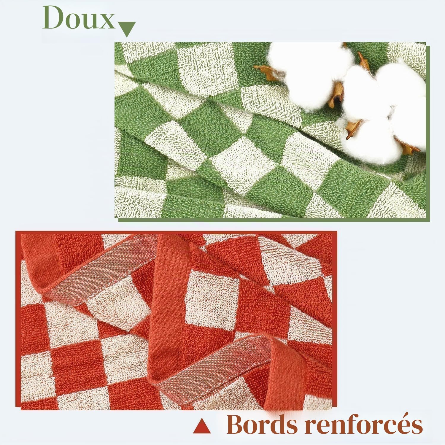 Jacquotha Lot de 2 Serviettes de Bain/Plage/Piscine à Carreaux Très Douces et à séchage Rapide 140 x 70 cm Orange et Vert