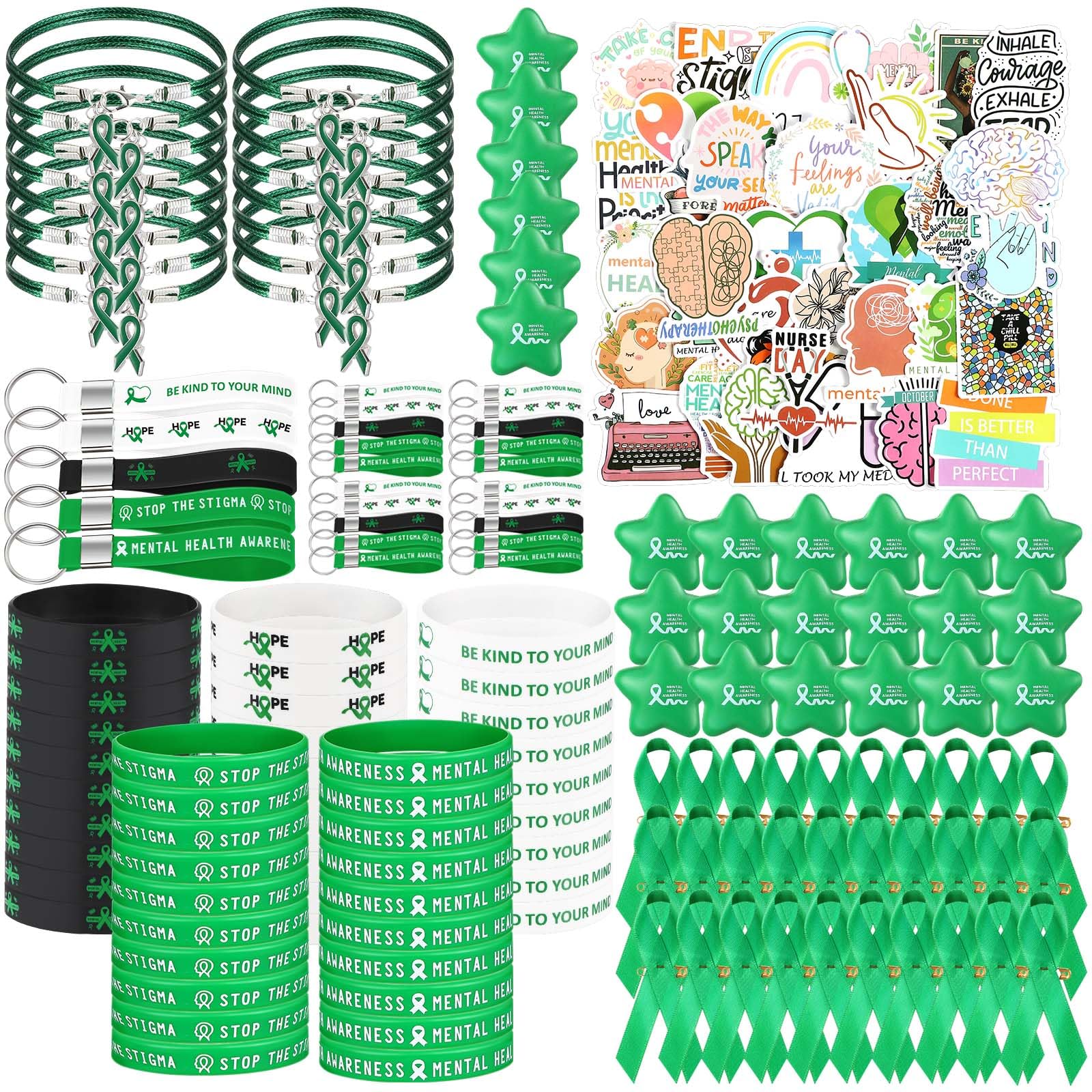 JellyArch 338 Pcs Mental Health Awareness Items Include Stickers, Rubber Wristbands, Bracelet, Key Chains, Green Ribbon Pins, Star Stress Ball for