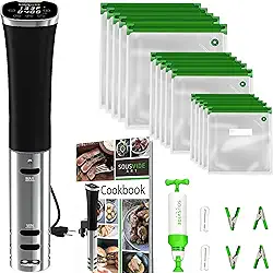 Kit de fogão Sous Vide | TODO EM UM | O kit de iniciante inclui: Máquina de perfil fino 800W | 30 sacos | Clipes | Bomba de vácuo | Livro de receitas | Temperatura de precisão | Temporizador digital (Deluxe)