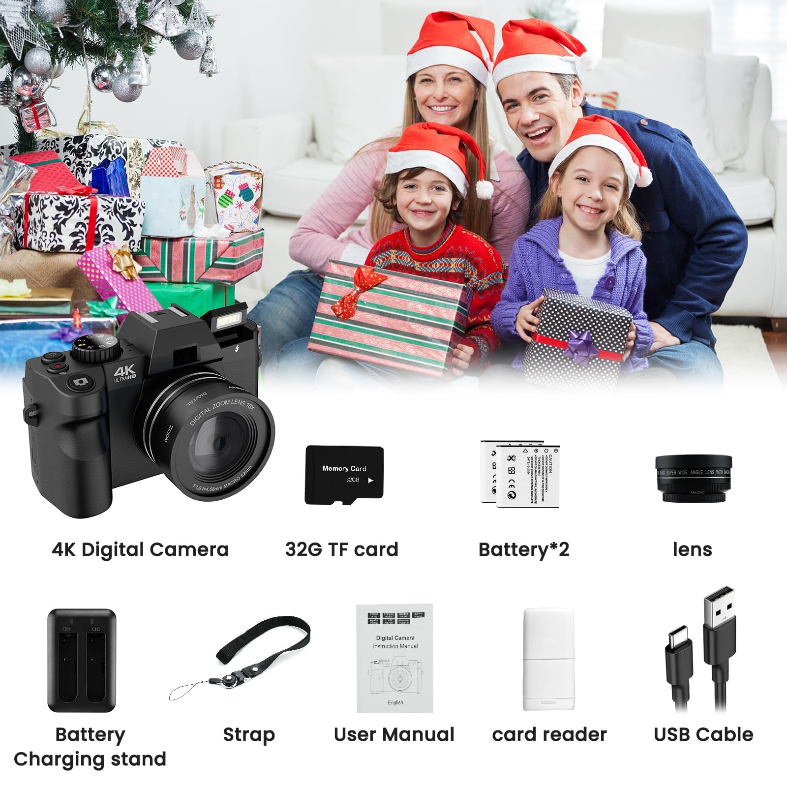 Cámara digital para fotografía, cámara fotografica video enfoque automático de 48 MP con WiFi Auto-Focus Vlog cámara para YouTube con pantalla abatible zoom 16X con lector de tarjetas micro SD de 32