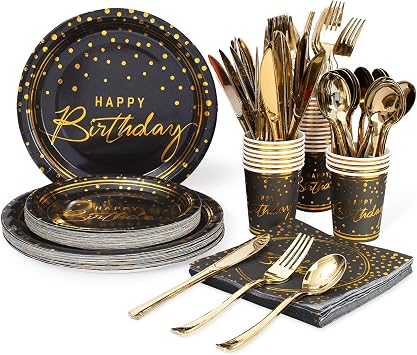175PCS Happy Birthday Disposable Dinnerware Set Party Supplies, Paper Black Gold Plates and Napkins with Gold Plastic Forks Knives Spoons Serve 25 Guests for Birthday Party Decoration