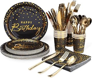 175PCS Happy Birthday Disposable Dinnerware Set Party Supplies, Paper Black Gold Plates and Napkins with Gold Plastic Forks Knives Spoons Serve 25 Guests for Birthday Party Decoration