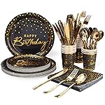 175PCS Happy Birthday Disposable Dinnerware Set Party Supplies, Paper Black Gold Plates and Napkins with Gold Plastic Forks Knives Spoons Serve 25 Guests for Birthday Party Decoration
