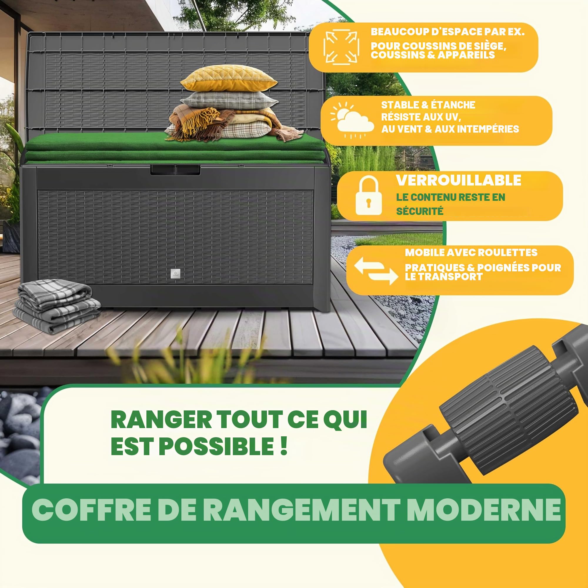 KESSER Caisse de Rangement 310 litres avec Roulettes, Couvercle Rabattable, Coffre de Jardin Plastique