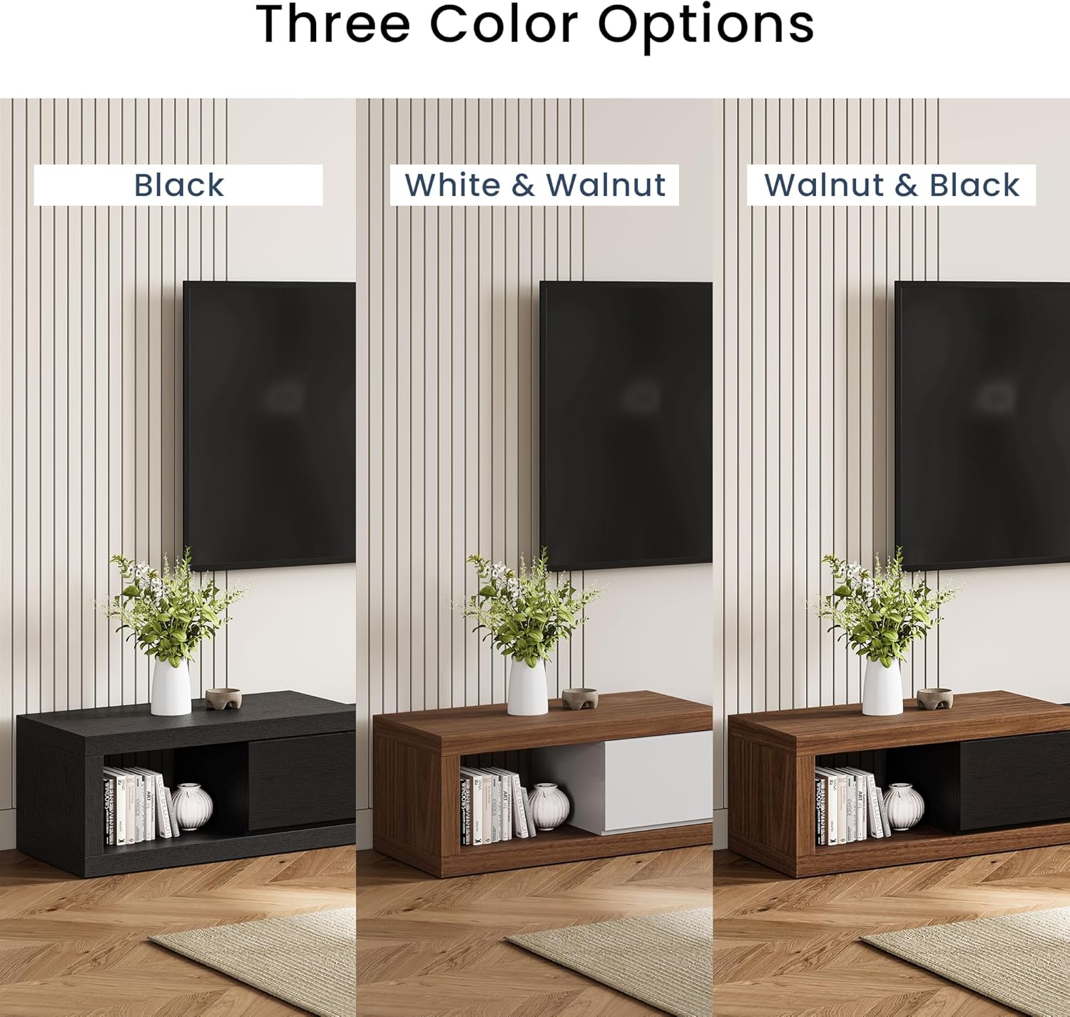 POVISON 94"-123" Expandable TV Stand with Storage White Solid Wood TV Media Console Modern Retractable Entertainment Center Low Reversible TV Stand Full Assembled Walnut Wood Vennered MDF
