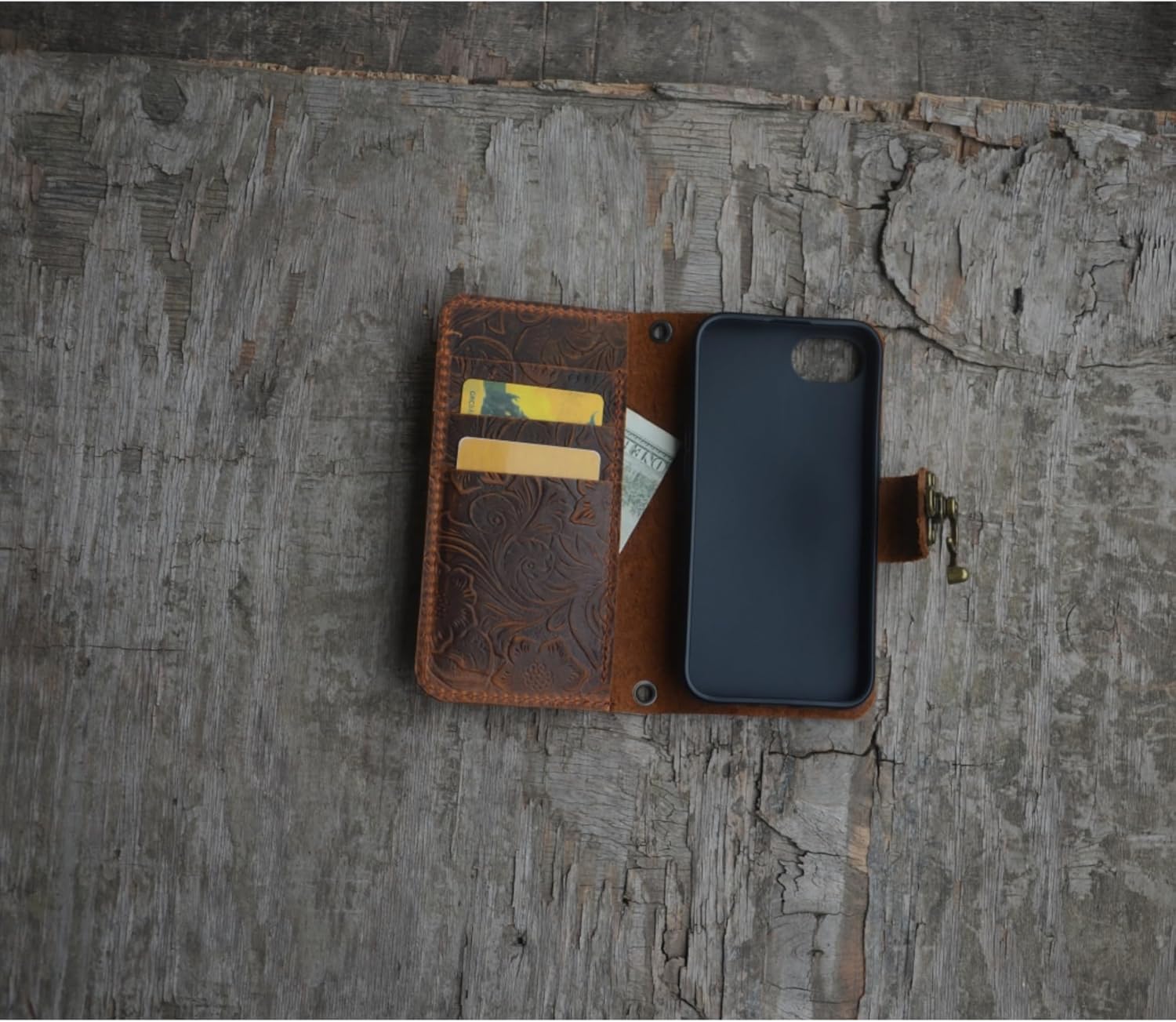 JJNUSA Compatible with iPhone 16e Handmade Genuine Distressed Leather Wallet Case Flip Cover with Wristlet Brown