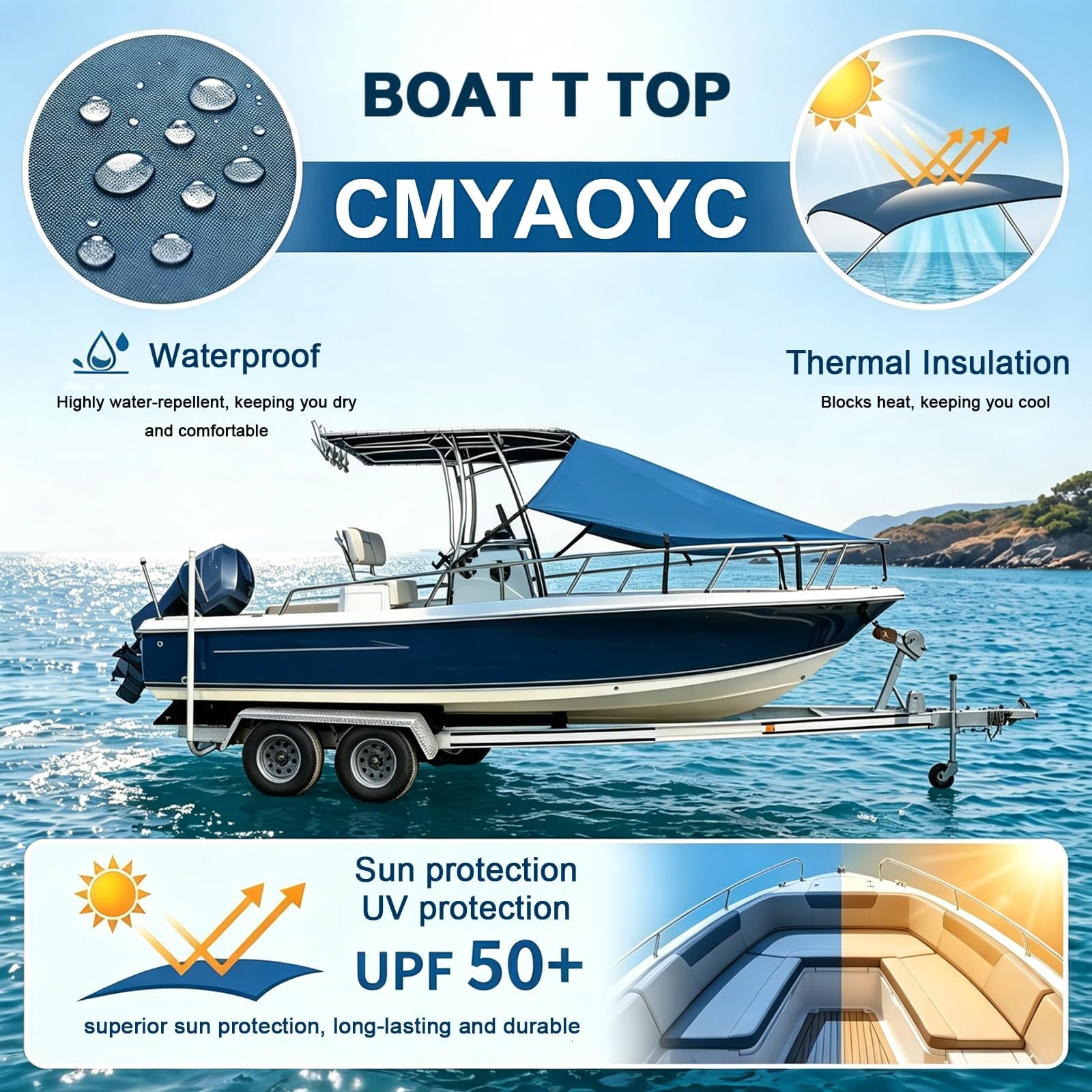 Tendalino Parasole Barca, Boat T Top Bow Shade 600D Tessuto Oxford, Estensioni Tendalini a T, Impermeabile Copertura Isolante per Copertura Dell'area di Prua