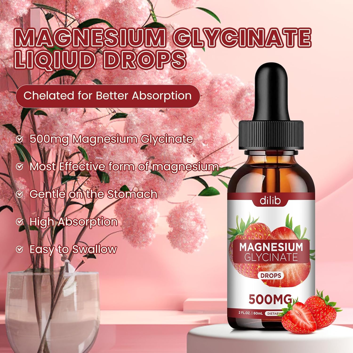 (2 Pack) Magnesium Glycinate Supplement, Liquid Magnesium Glycinate Liquid Drops 500mg-Support Stress Relief, Relaxation, Mood, Sleep, Bone & Muscle-4 Fl Oz, Vegan, Strawberry Flavor - Image 2
