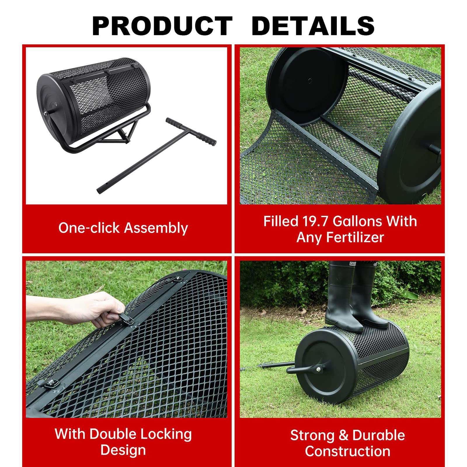 24-Zoll-Kompoststreuer, robuster Streuer aus Metallgeflecht mit verstellbarem Griff, zum Pflanzen, Säen, Oberboden, Schmutz, Mulch, Rasen, Garten, Hof und Erde, schwarz