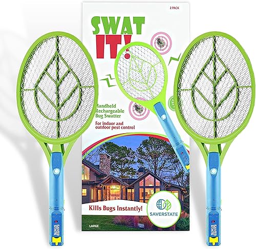 SWAT IT! Bug Zapper - Raqueta recargable para matar insectos, 4000 voltios, cable de carga USB, paquete de 2 (mediano)