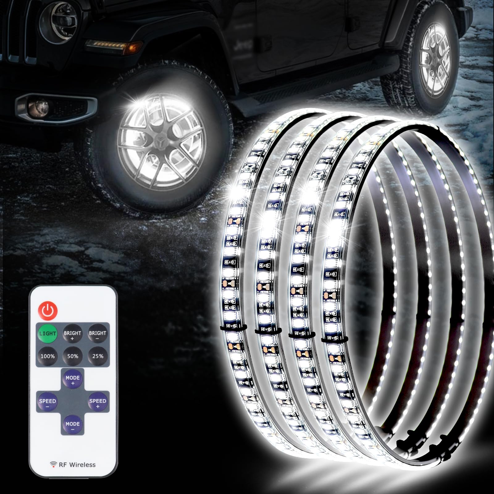 Tavaray 4PCS 17" Pure White Wheel Lights Adjustable 6500K Ultra-Bright LED with Remote Control & Flashing Modes, LED Wheel Ring Lights for Trucks Cars