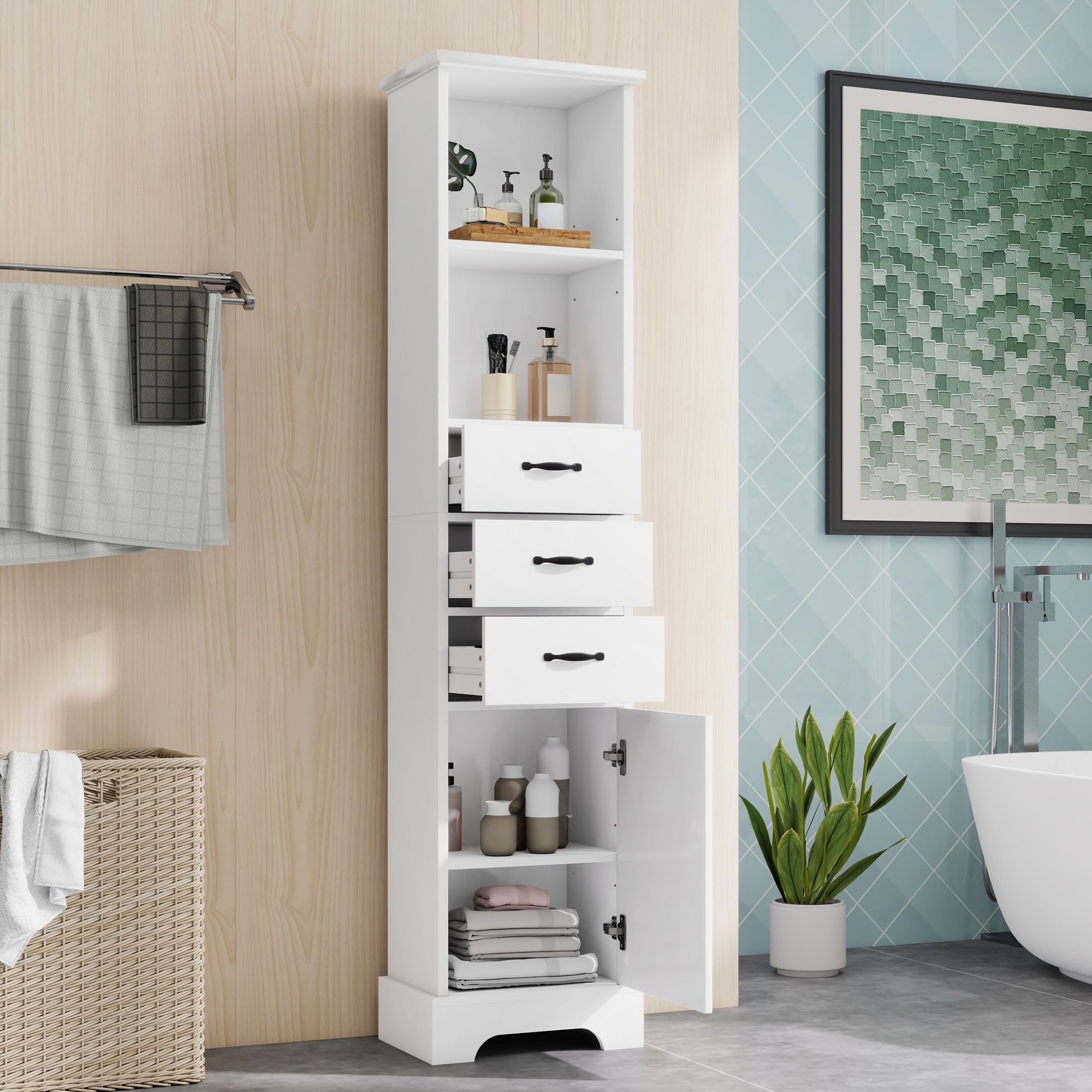 Armario alto de pie para el baño, lacado con compartimentos abiertos y cajones, armario lateral sobre pies altos como sistema de organización para el cuarto de baño que ahorra espacio