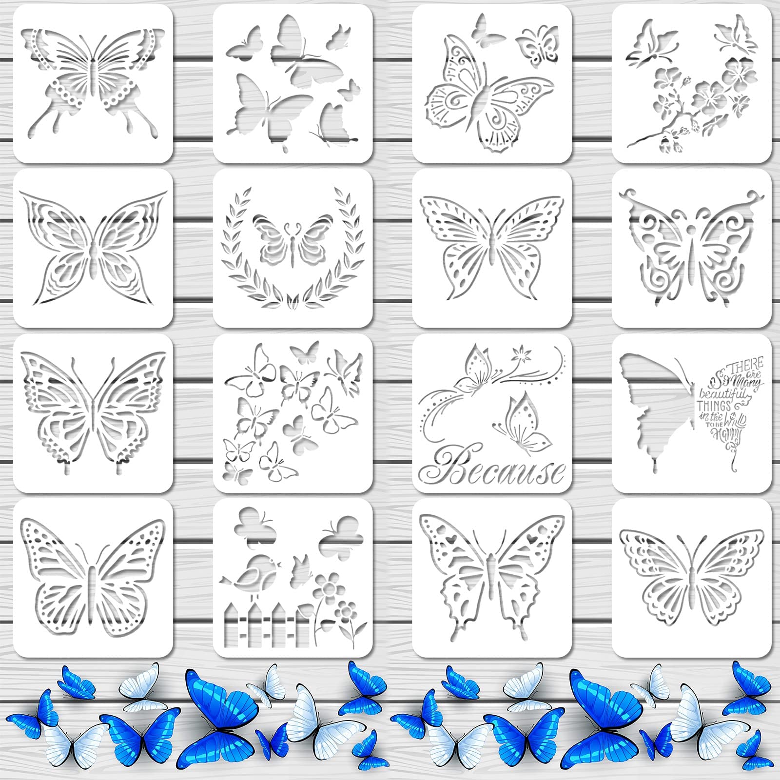 Reusable Butterfly Template Art Painting Stencils, 16 Pieces Butterfly Stencils for Paint Craft Wall DIY Fabric Floor Home Decor Wood Signs (6 x 6 Inches)