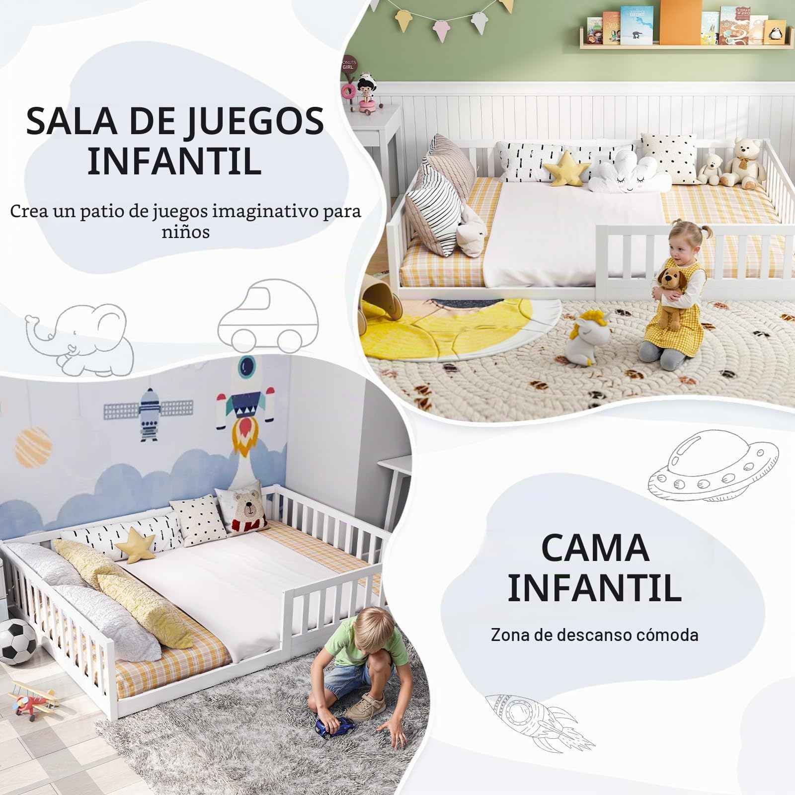 labebe Cama baja para niños 140 x 200, cama Montessori de madera maciza blanca con barandillas de seguridad y somier (colchón no incluido) Adecuada para niños y bebés