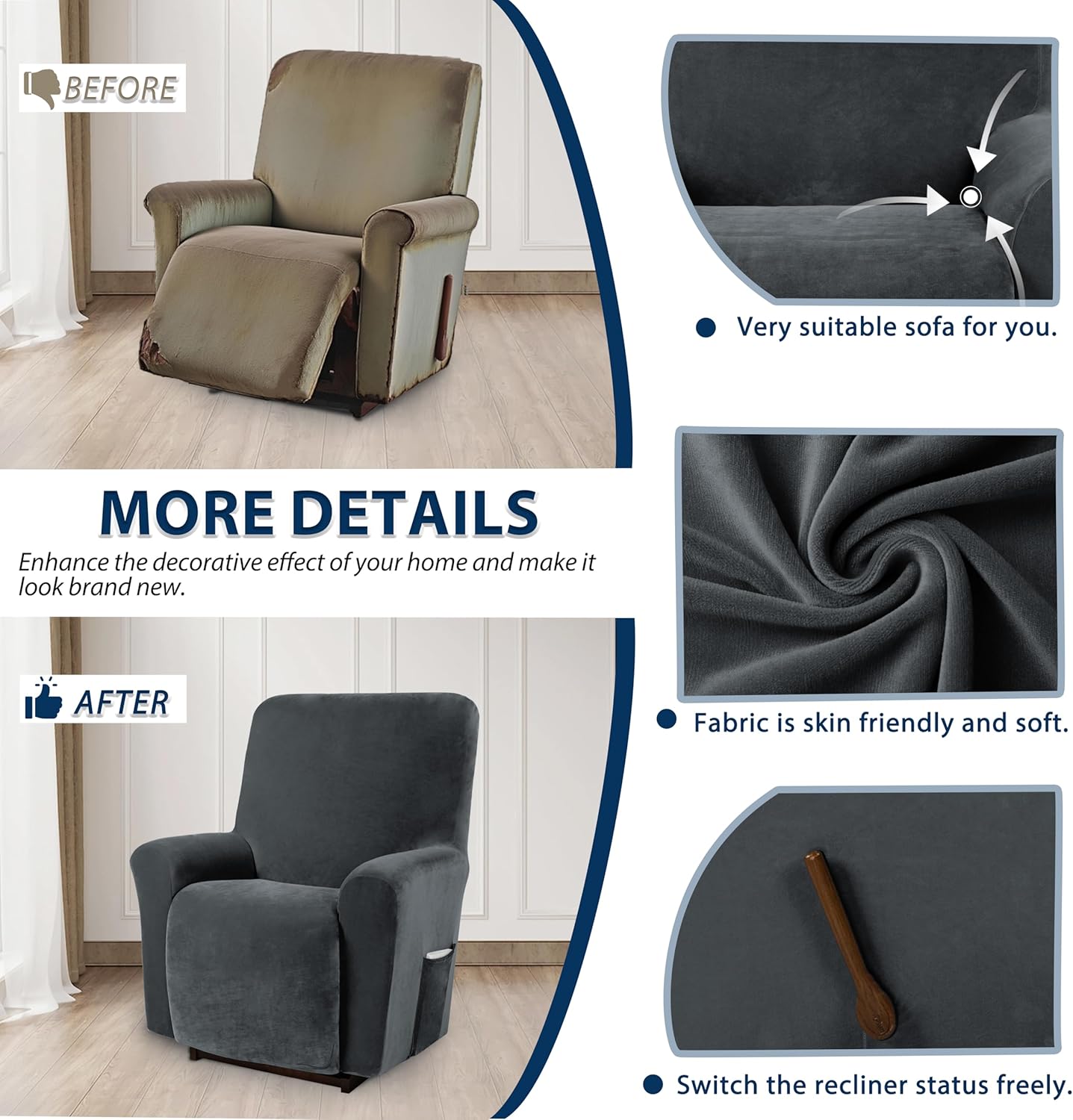 Asnomy Recliner Chair Covers Lazy Boy Recliner Covers with Pockets Stretch Velvet Couch Cover Slipcovers 1-Piece Furniture Protector for Dogs Cats(Recliner,Dark Grey)