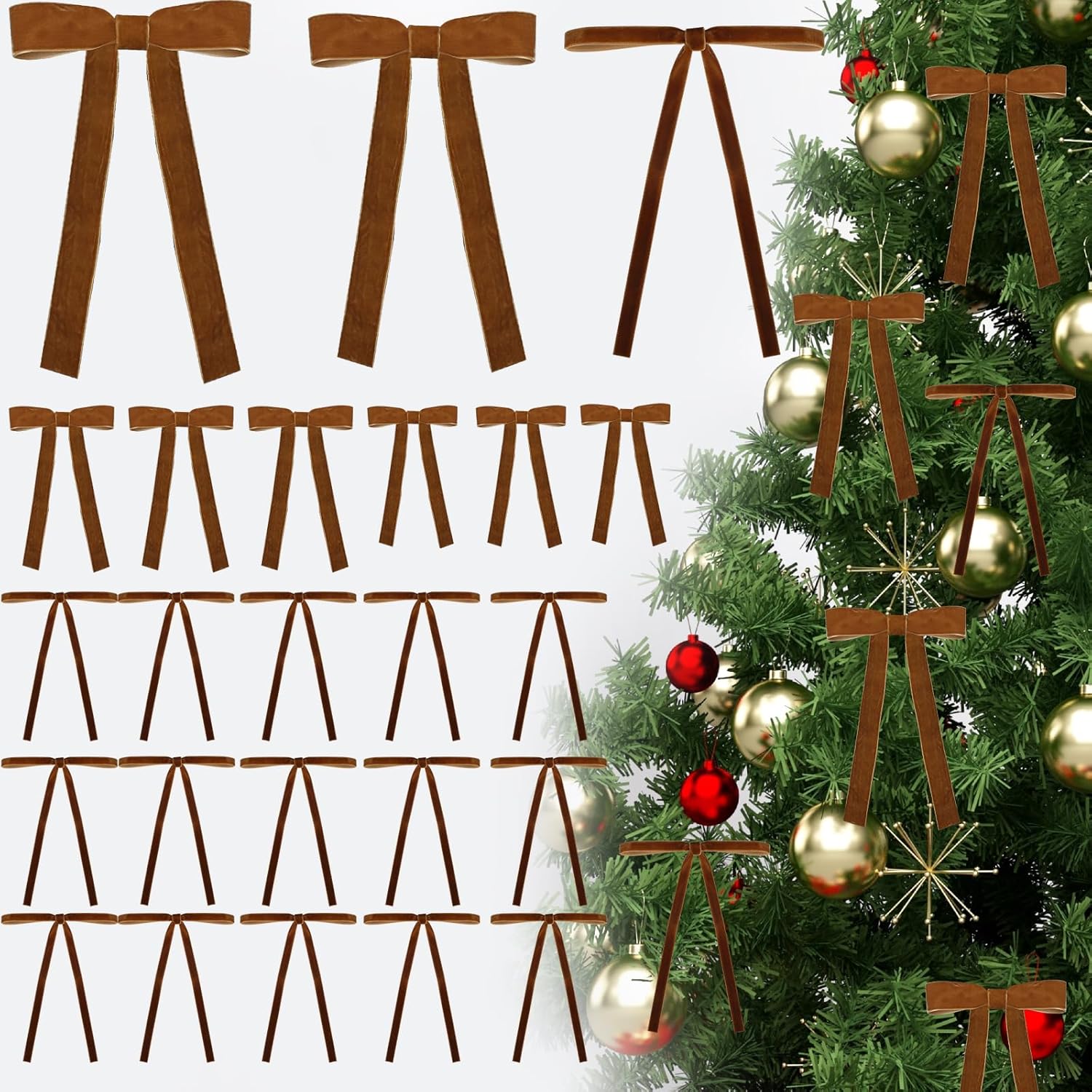 24 Pcs Velvet Christmas Bows, Christmas Wreath Bow Bulk Ribbon Velvet Wreath Bows Christmas Handmade Tree Topper Ornament for Gift Wrapping Xmas Outdoor Indoor Wedding Decoration(B-Khaki)