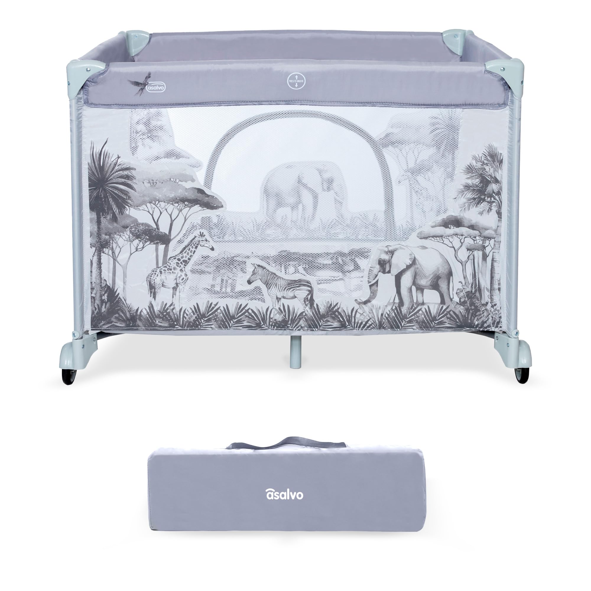 Parque Infantil Bebé 93x93 cm – Corralito Plegable con Base Acolchada + Puerta Frontal y Ruedas | Diseño Robusto y Bolsa de Transporte Parque Cuadrado Asalvo (Selva)