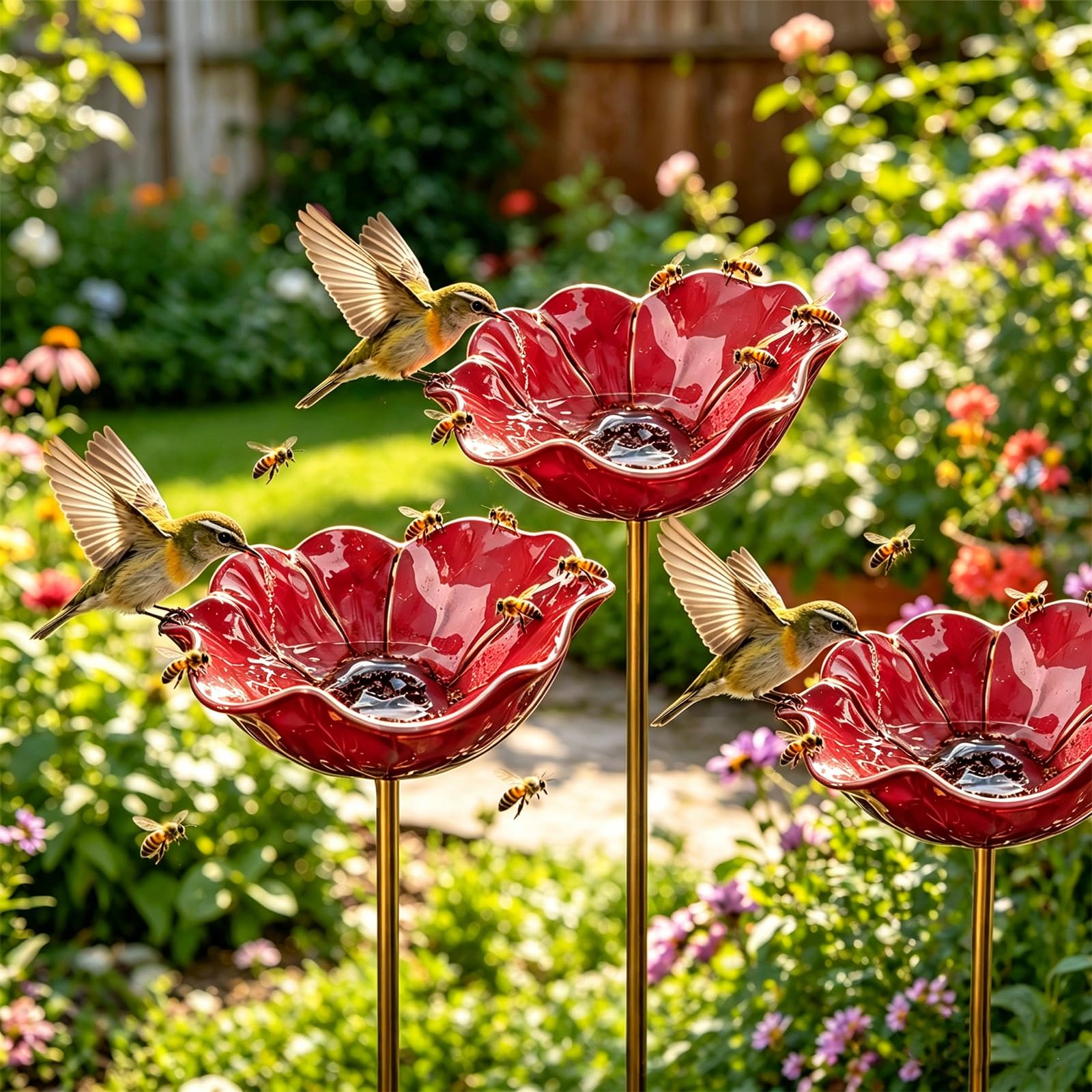 Handmade Metal Flower Garden Stake, Colourful Butterfly & Bee Water Feeder, Rain Catcher Bird Bath Bowls for Outdoor Yard, Lawn & Patio Décor (3pcs-Red)