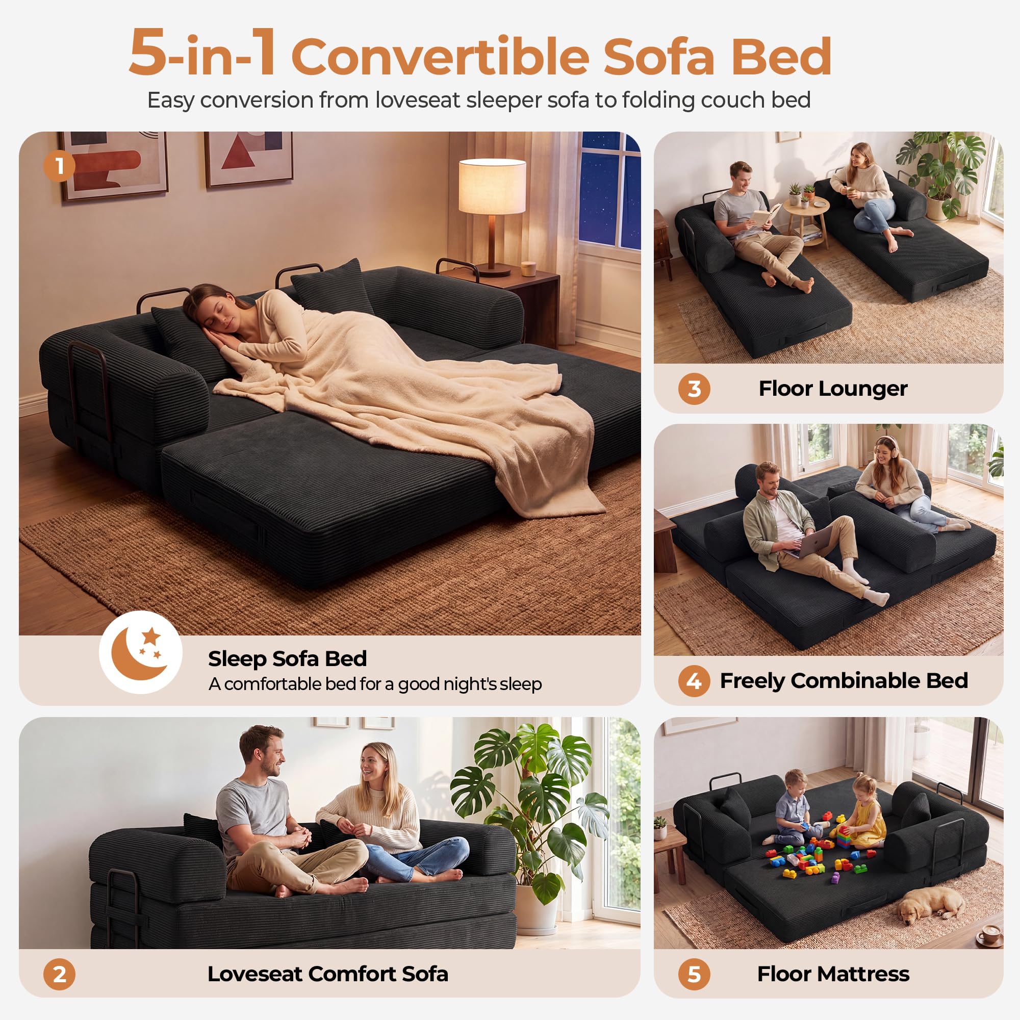 79" Convertible Futon Sofa Bed, Boneless Couch for Living Room | Corduroy Boneless Loveseat Sleeper Sofa, Modular Futon Couch with Fixed-Shape Frame, Pull Out Couch No Assembly | Black