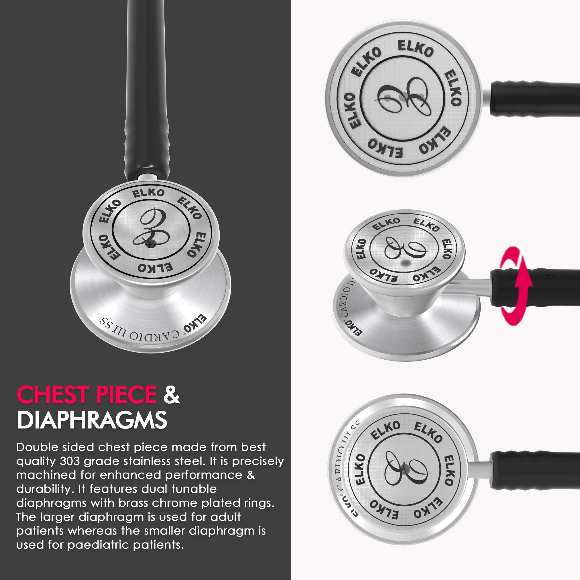 ELKO EL-060 CARDIO III SS Stainless Steel Acoustic Stethoscope | Two-Way PVC Tubing | Double Sided Chestpiece For Adult & Pediatric Patient | Doctors & Medical Students (Black) - Image 6 thumbnail