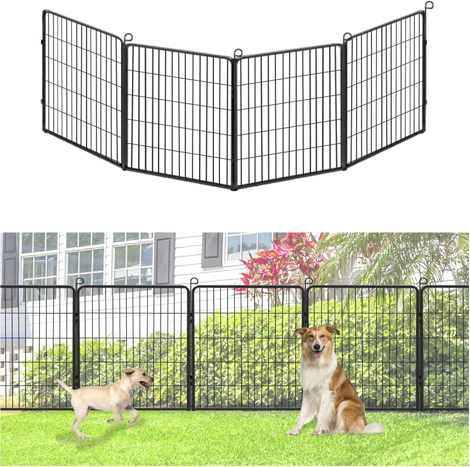 Decorative Metal Garden Fence Add-on Fence Panels, 32in(H) x 10.4Ft(L) No Dig Fence 4 Panels Fencing for Dogs Animal Barrier Fence Garden Fencing for Yard, Patio, Without Gate 10.6ft x 32“H (4 Panels + 4 Stakes)