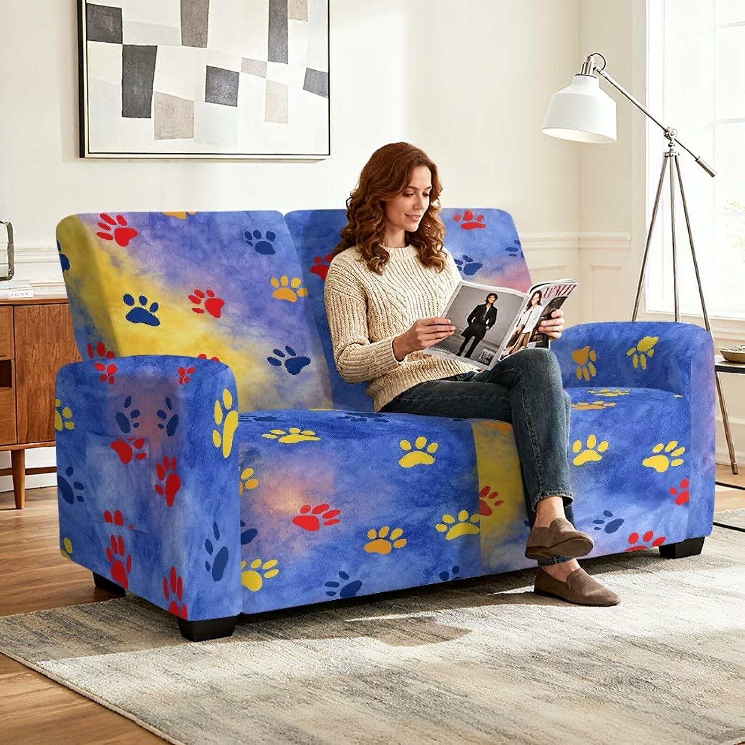 Dog Paw Tie Dye Print Loveseat Covers Stretch Love Seat Sofa Covers Washable Reclining Loveseat Slipcover 2 Seat Couch Covers for Living Room Decor