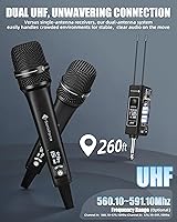 Vista 5 de Micrófonos inalámbricos, micrófono de karaoke profesional, sistema UHF de doble micrófono con rango de 260 pies, micrófono portátil de metal
